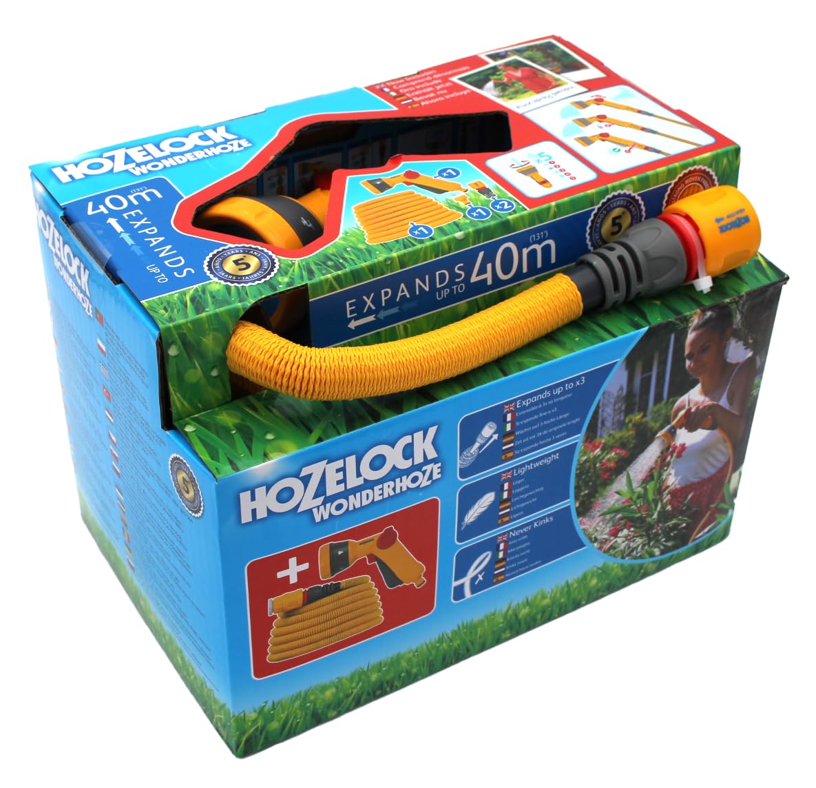 HOZELOCK - Wonderhoze Expanding Hose 40m : Flexible Hose, Stretches up to 3X Original Length | with 2 Aquastop Fittings and Multispray Gun: Ready to Use