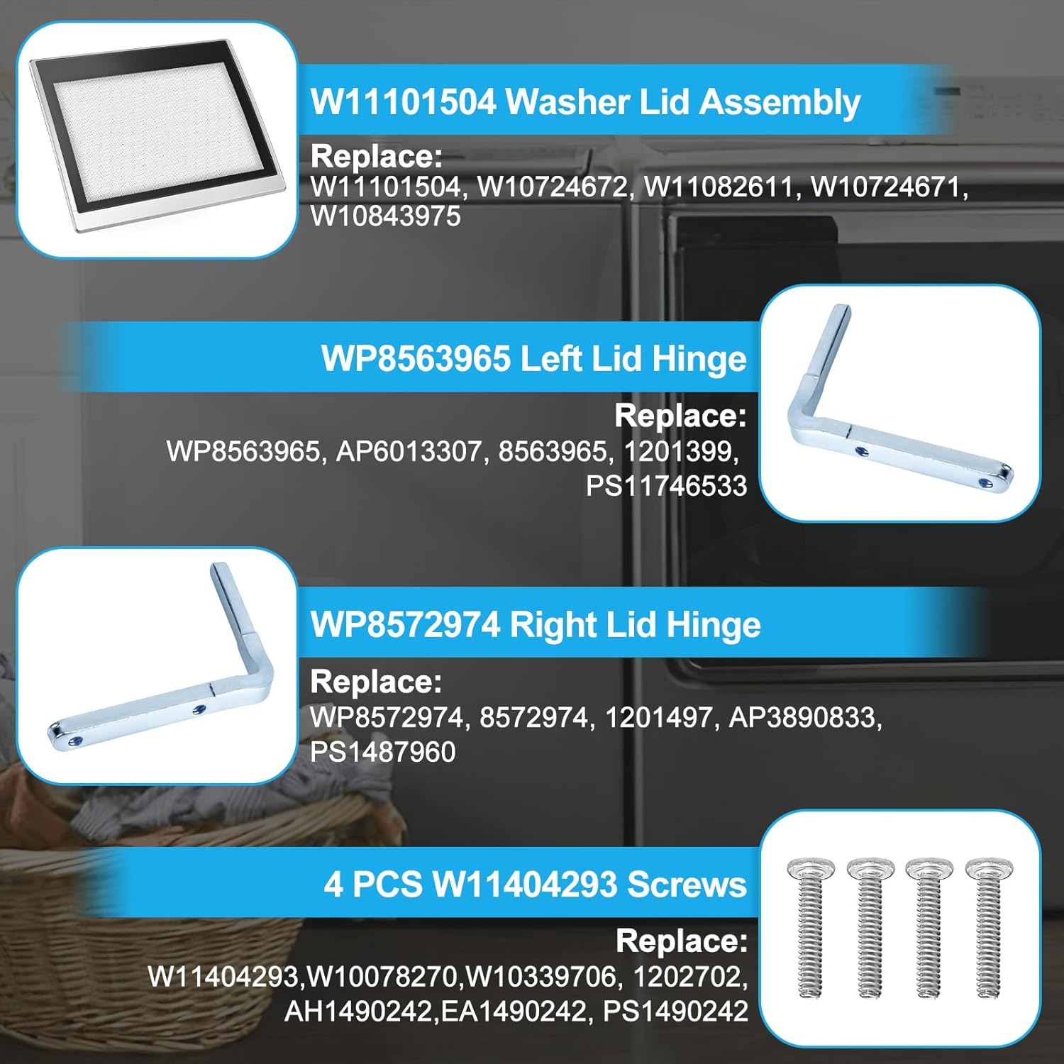 UPGRADED W11101504 Washer Lid Assembly Replacement Compatible With Maytag Washer Lid, WP8563965 Left Lid Hinge & WP8572974 Right Lid Hinge & 4 Screws W11404293, Replaces W11256781 W10843975 W11082611