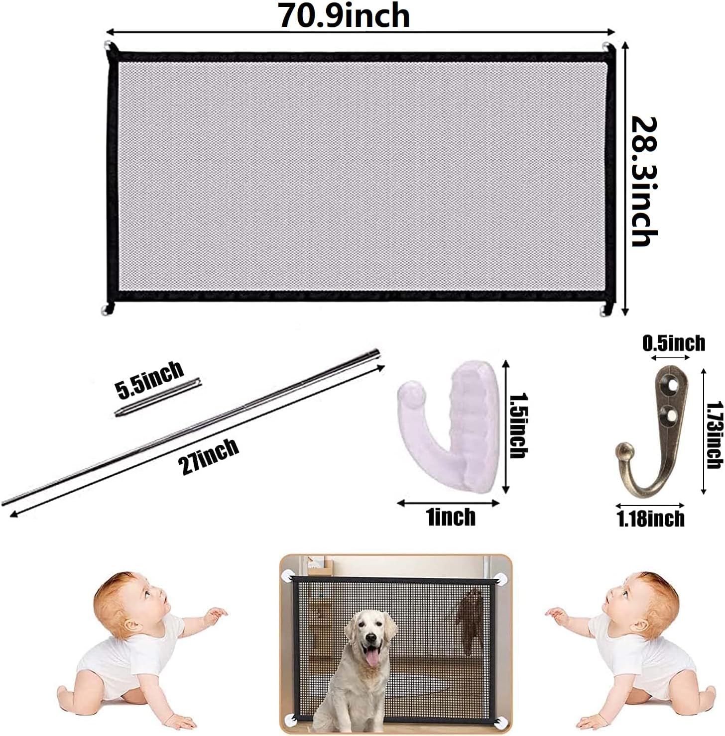 Baby Gate - 70.9"x 28.3"Black Mesh Magic Pet Dog Gate for Stairs/Doorways/Hallways Easy-Install Child's Safety Gates Folding for Indoor and Outdoor