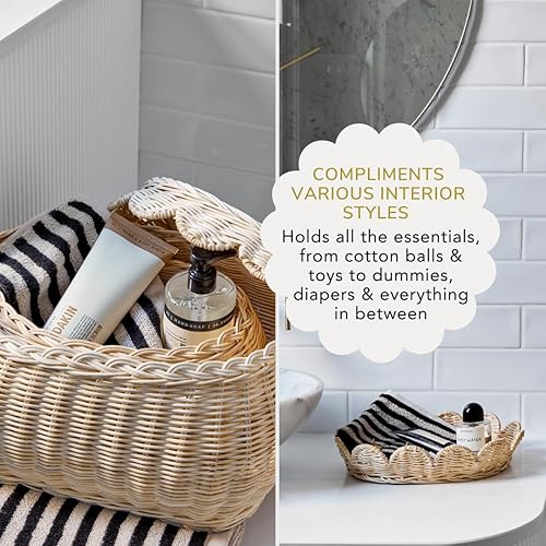 Miniatura 6 de Juego de cestas de ratán tejidas a mano, 15 x 10 x 6 pulgadas, canastas pequeñas festoneadas, cesta redonda de mimbre, cesta de almacenamiento de