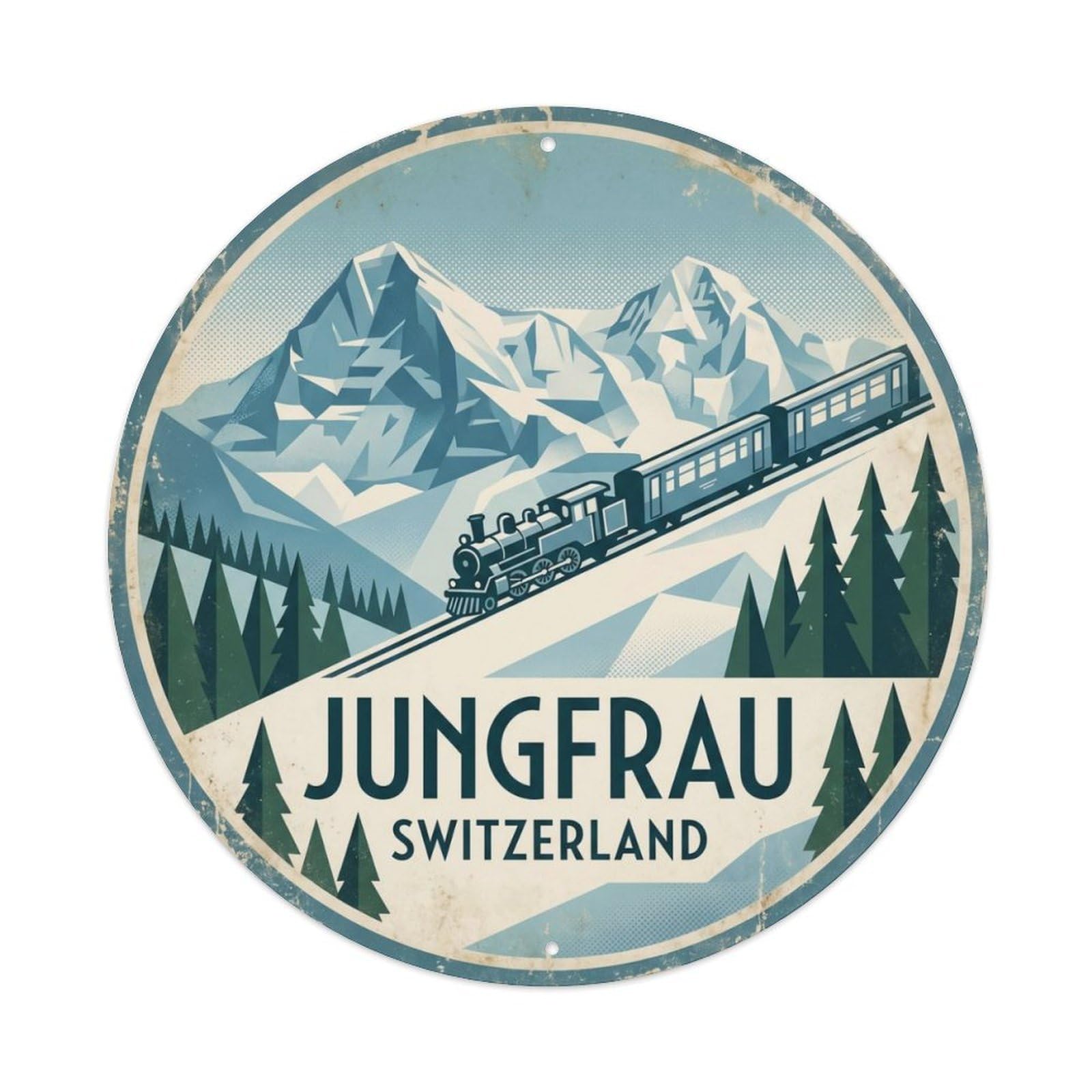 Vintage Travel Jungfrau Switzerland Metal Tin Sign Plaque Wall Decor for Cafe, Club Bar, Office, Home Garden Round Metal Poster 8x8Inch