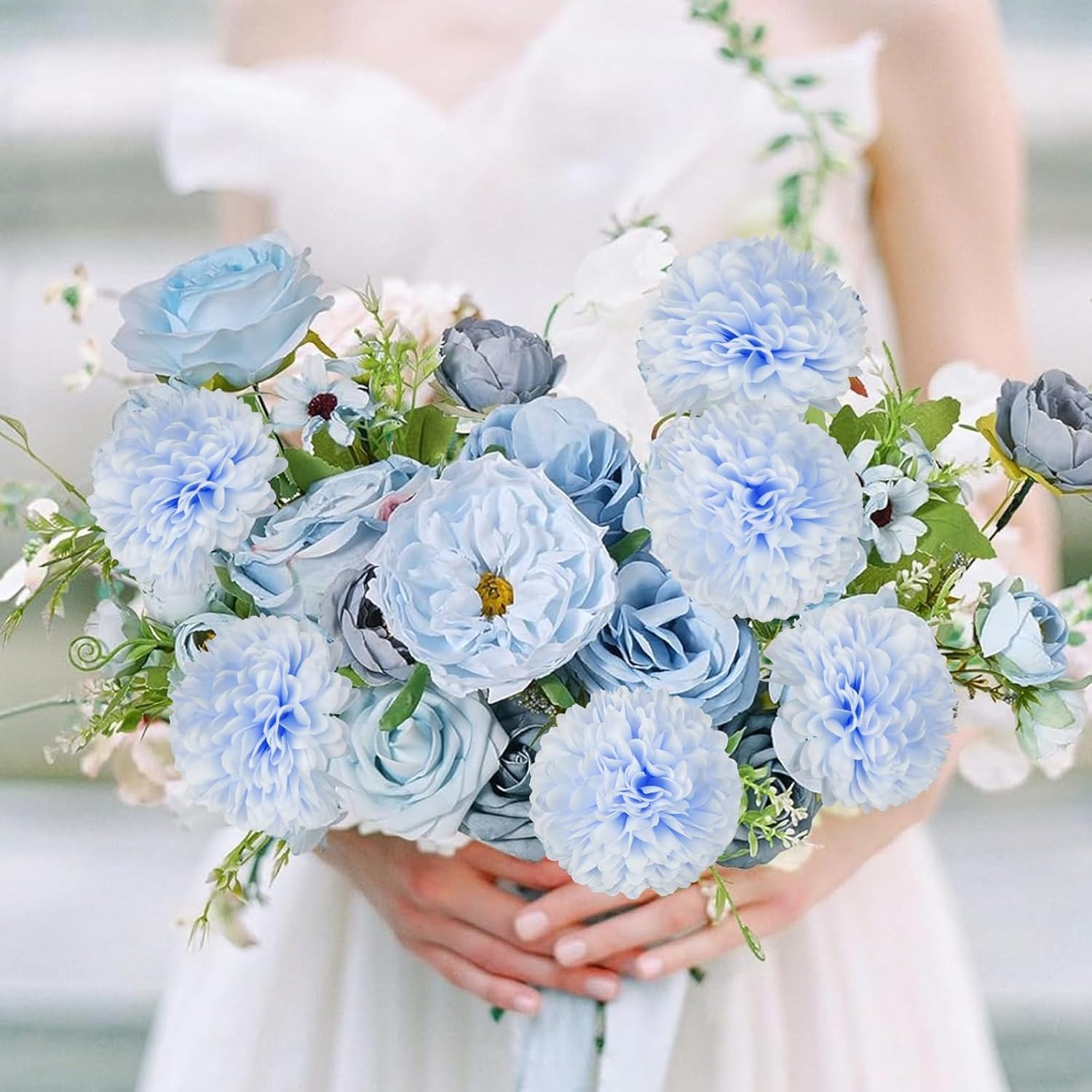 50Pcs Artificial Chrysanthemum Blue Flowers Bulk with Stems Silk Artificial Wedding Flowers for Bridal Bouquets Centerpieces Shower Party DIY Floral Arrangements