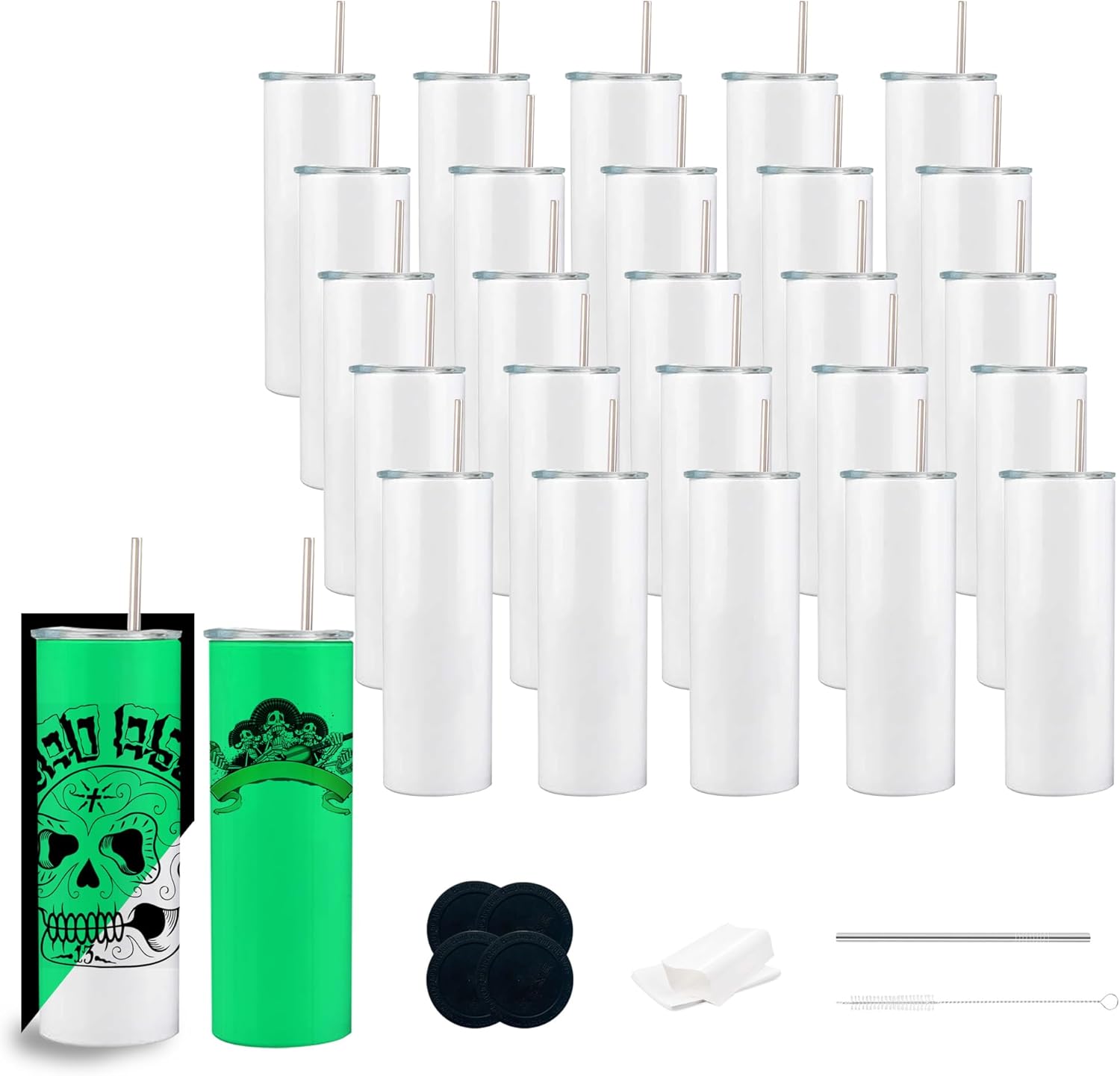 25 Pack Luminous Green Glow in the Dark Sublimation Tumblers 20 Oz Skinny Blanks Tumbler Bulk with Lid and straw, Individually Box,Heat Transfer (25pcs-green)