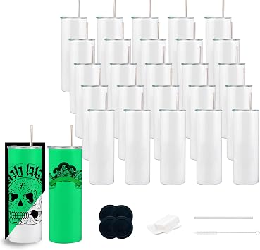25 Pack Luminous Green Glow in the Dark Sublimation Tumblers 20 Oz Skinny Blanks Tumbler Bulk with Lid and straw, Individually Box,Heat Transfer 25pcs-green