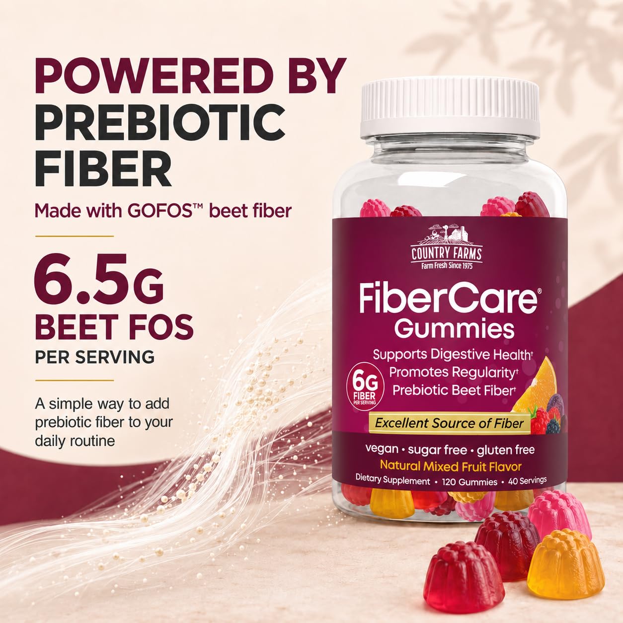 Country Farms Fiber Care Prebiotic Gummies, 6g of Fiber Per Serving, FOS from Beets, Digestive Health, Supports Regularity, Mixed Fruit Flavor — Amazon image 7