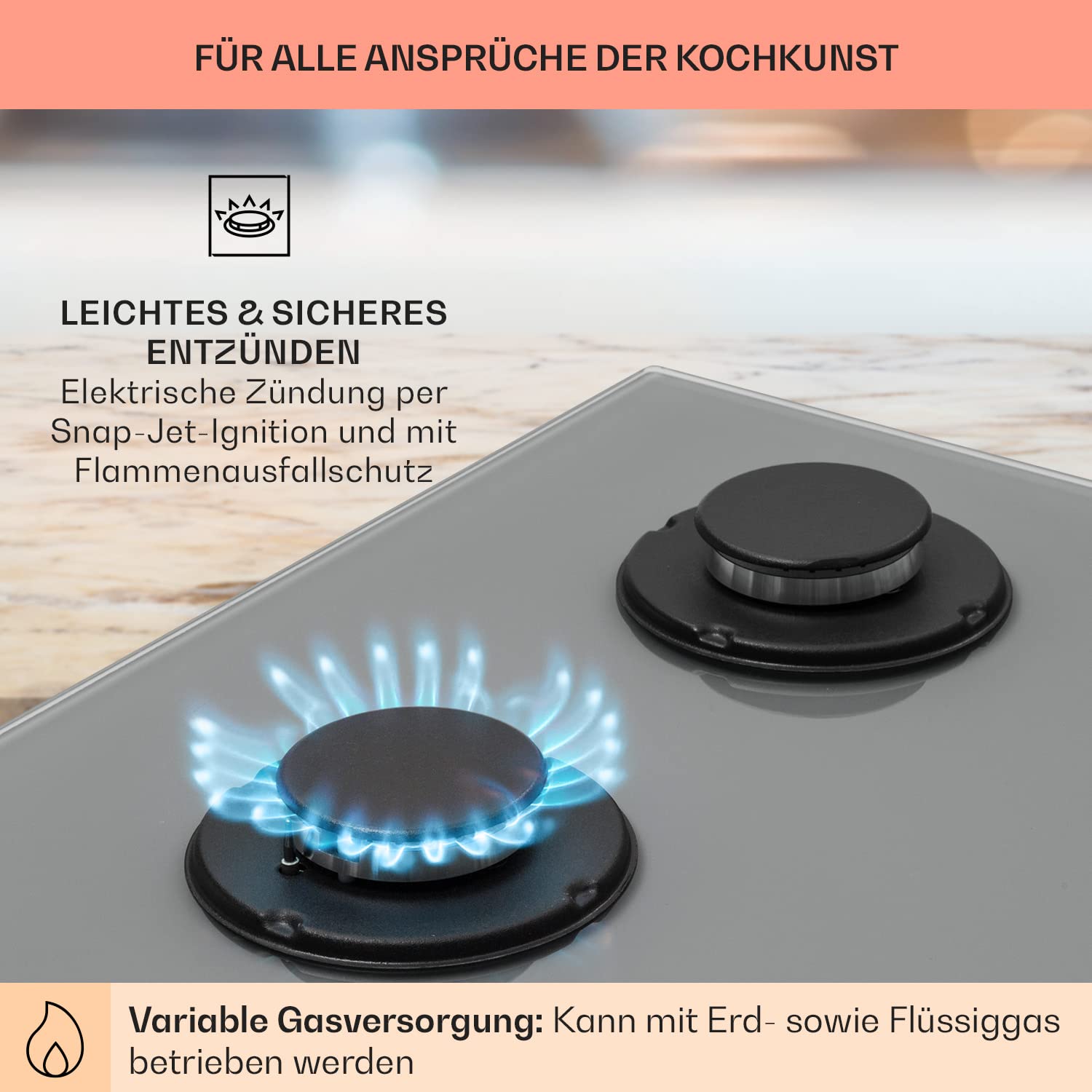 Klarstein Kuchenka gazowa, Gazowa kuchenka do zabudowy na butlę propan, Płyta gazowa 4-palnikowa, Kuchenka do kuchni, na kemping i do kampera, Płyta 8000 W, Kuchenka LPG, Kuchenka gazowa ze stali
