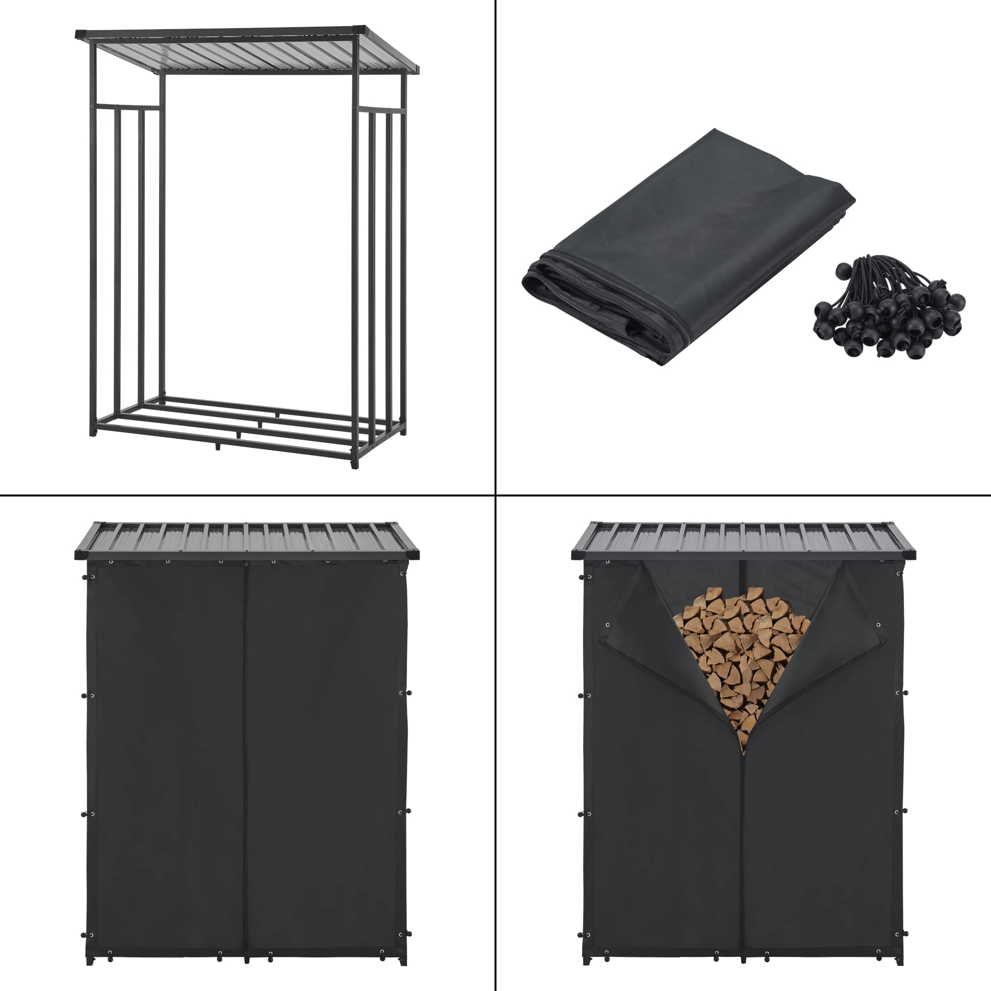 Casa.pro Abri-Bûches Couvert Housse Protection Support Bois de Chauffage Range-Bûches Stockage Extérieur Acier Galvanisé Laqué Polyester Métal Noir