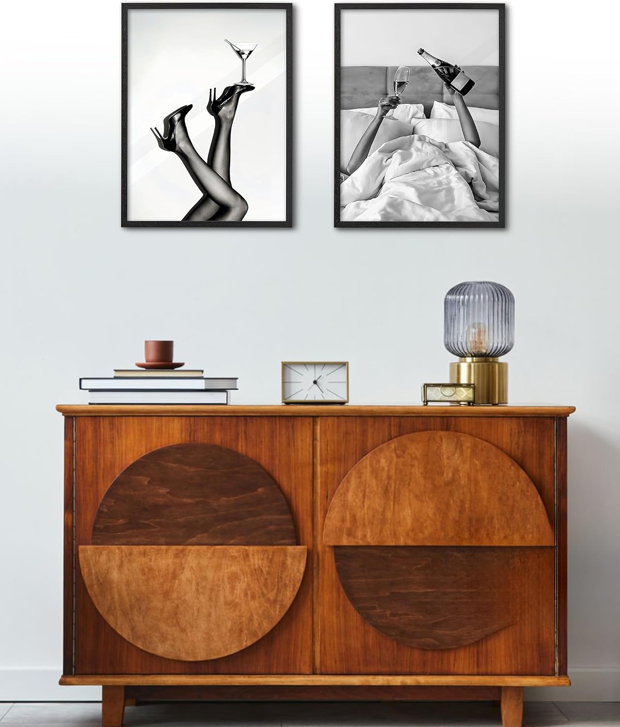 EcoHest 12x16in Black Solid Oak Wood Framed Wall Art, Woman Drinking Wine in Bed Print, Black and White Feminist Canvas, Vintage Alcohol Bar Cart Retro Wall Decor, Bedroom Wall Art 1 Pack