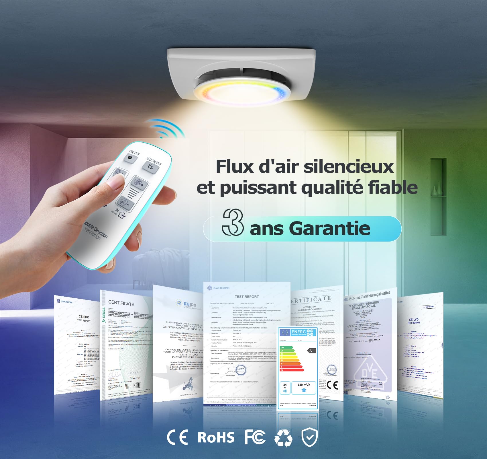 VMC Salle de Bain avec Télécommande, 11 Effets Lumineux, Bidirectionnel, 6 Vitesses, Ventilateur Extracteur Air avec Fonction Mémoire, Extracteur d'Air 100 mm Silencieux Moteur sans Balais DC