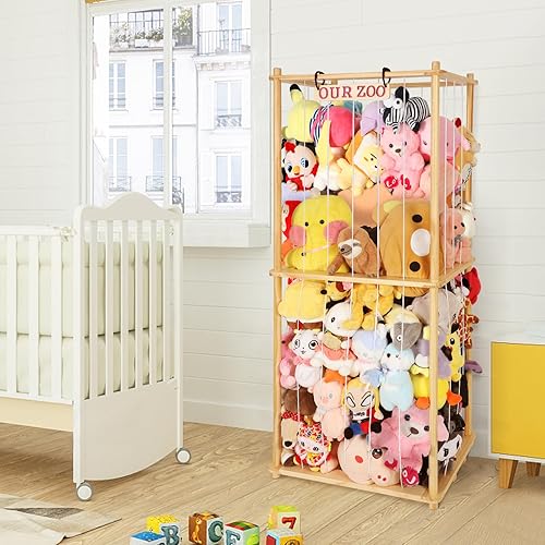 Miniatura 8 de Almacenamiento de animales de peluche extra grande para organizador de esquina, material de madera de alta calidad con cordón elástico para hasta