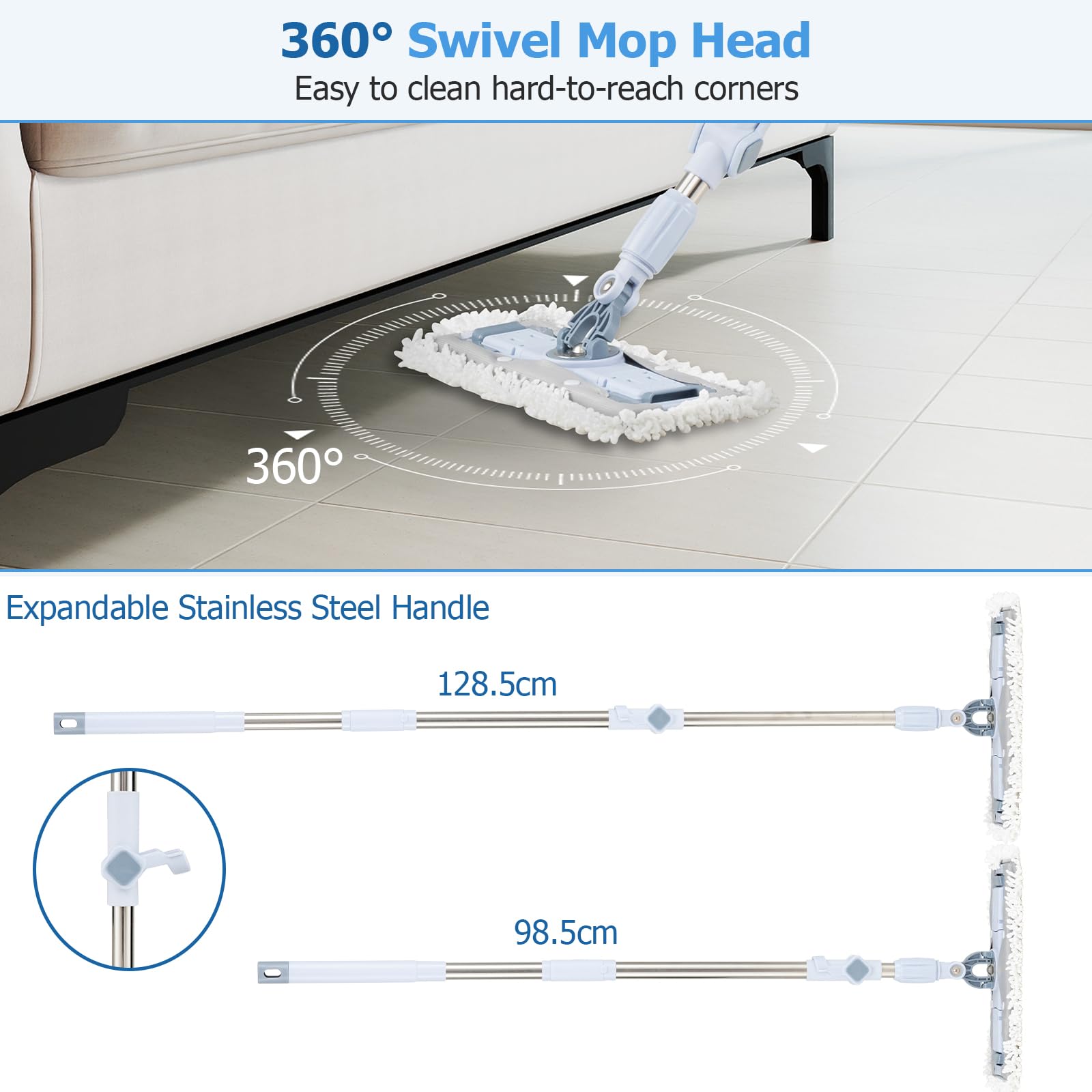 LIFEZEAL Set di secchio e mocio, mop per la pulizia dei pavimenti girevole a 360° in microfibra con manico telescopico, secchio mocio a 2 scomparti con scolapiatti (tuta mop + 6 x Round Mop)