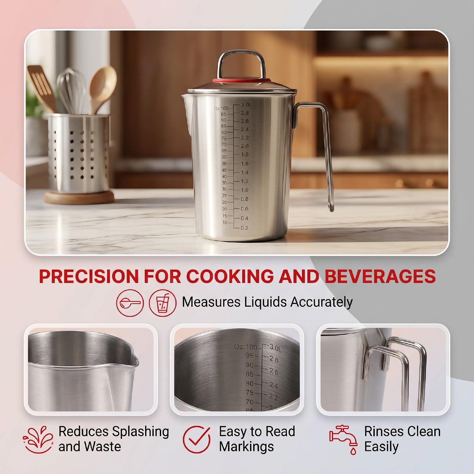 Zerodis Vaso Medidor de Acero Inoxidable de 3000 Ml con Asa para Medir
