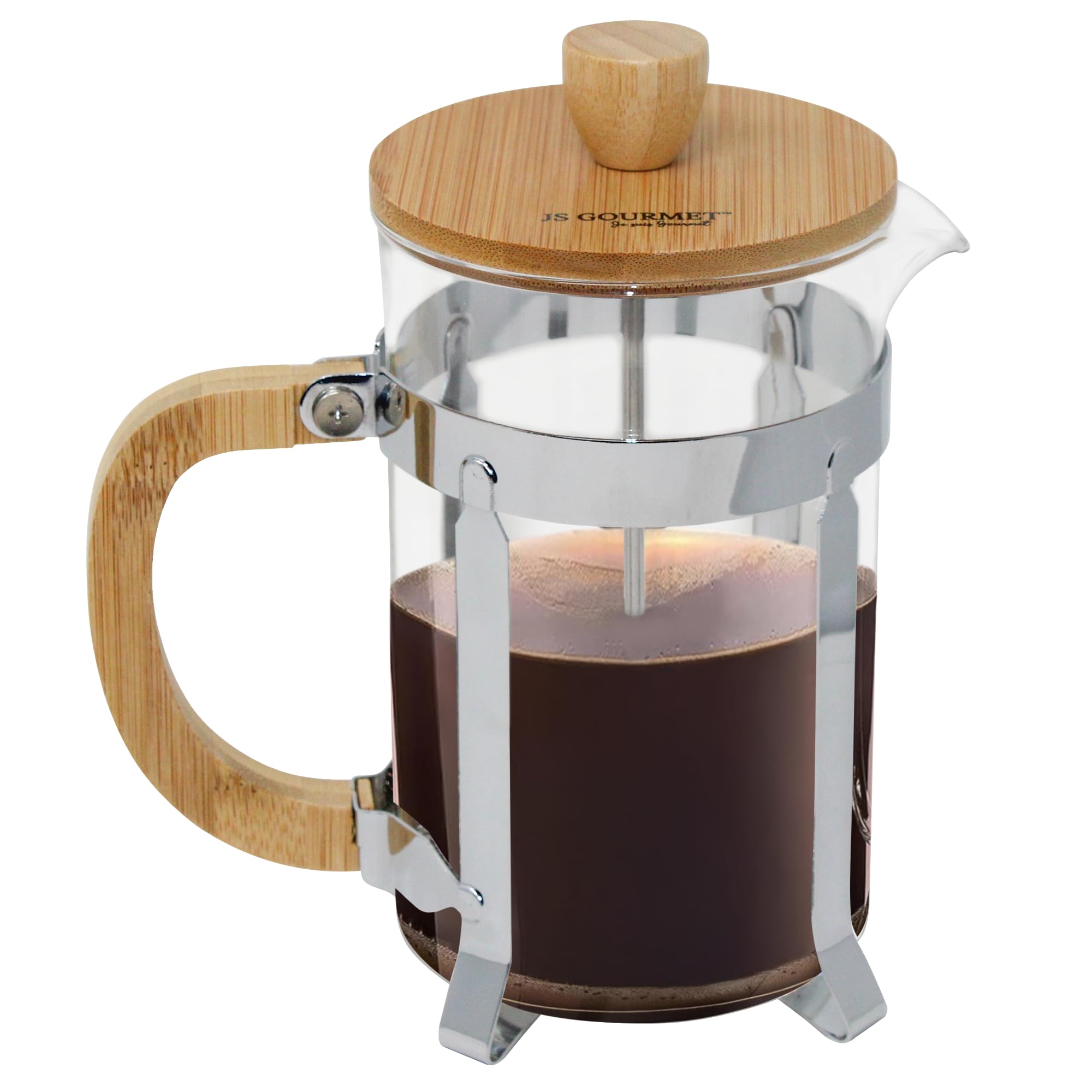 JS Gourmet 27oz Glass French Press Coffee Maker with Bamboo Wooden Handle, Lid and Stainless Steel Frame, Manual Coffee and Tea Brewer with 3 Level Filter System