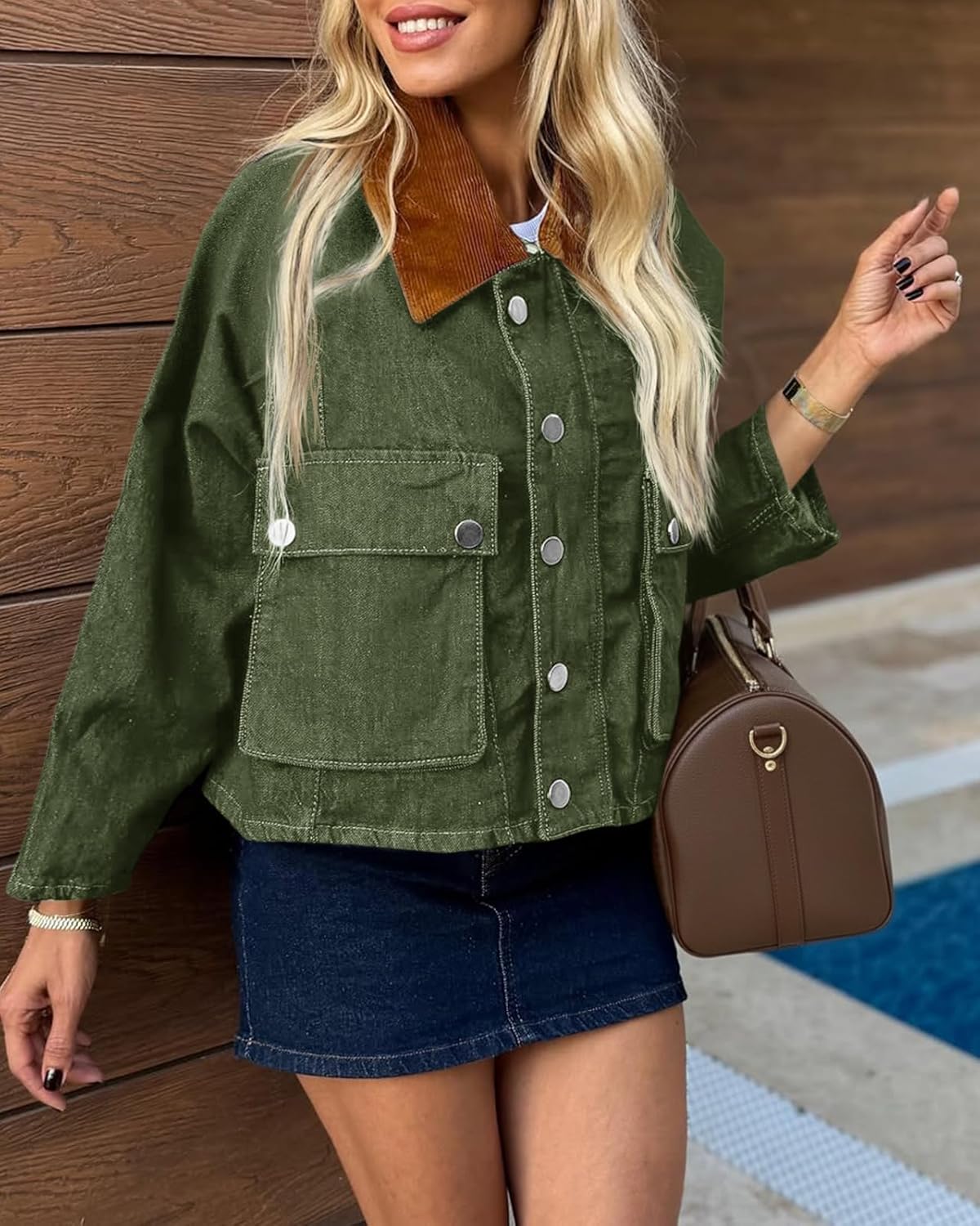 Cicy Bell Womens Cropped Denim Jacket Trendy Corduroy Collar Button Down Casual Barn Jacket for Women - Image 2