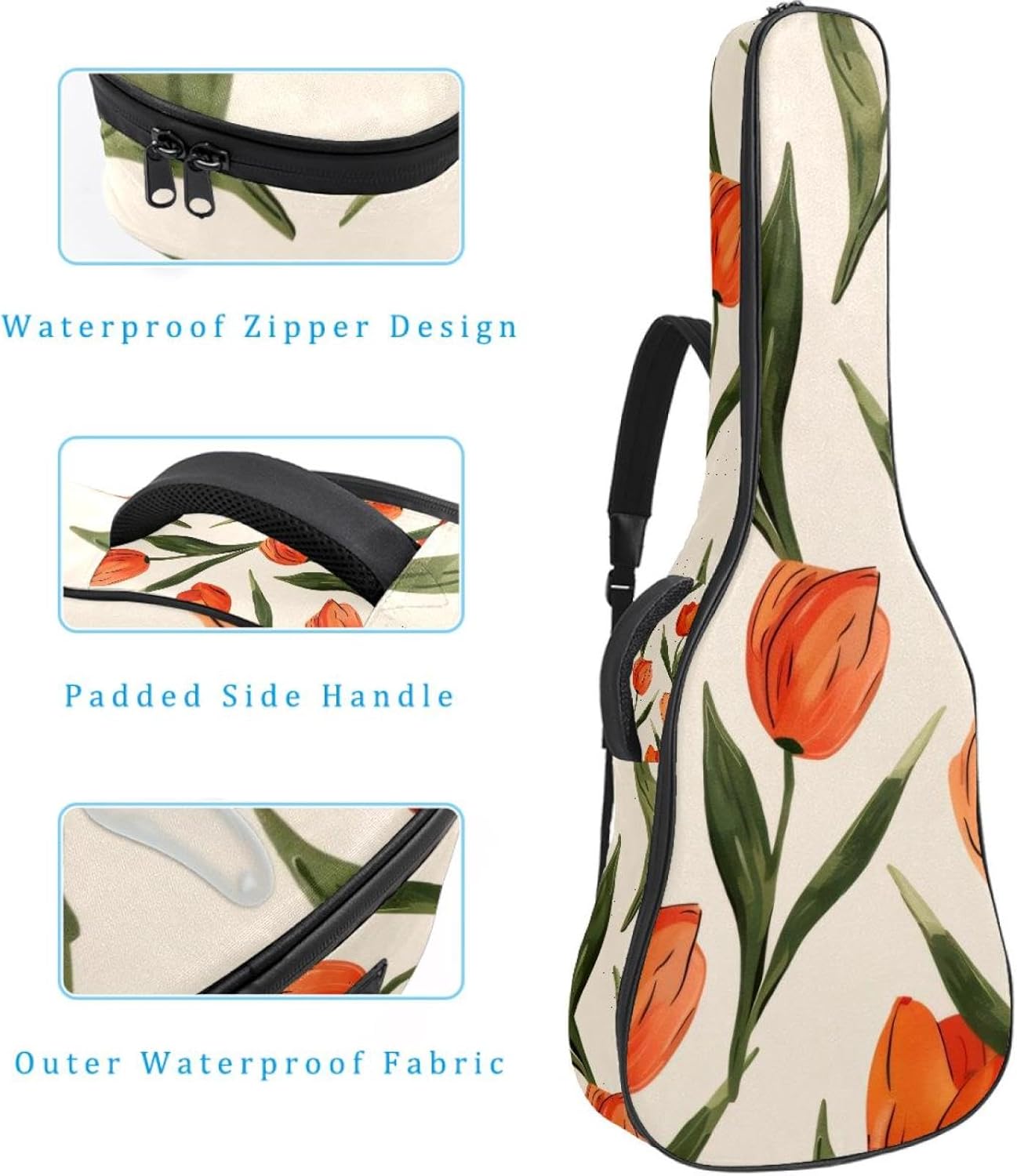 Acoustic Guitar Bag 0.4 Inch Thick Padding Waterproof Guitar Case Gig Bag for 40 41 42 Inch Electric Bass Classical Guitar, Cute Tulip