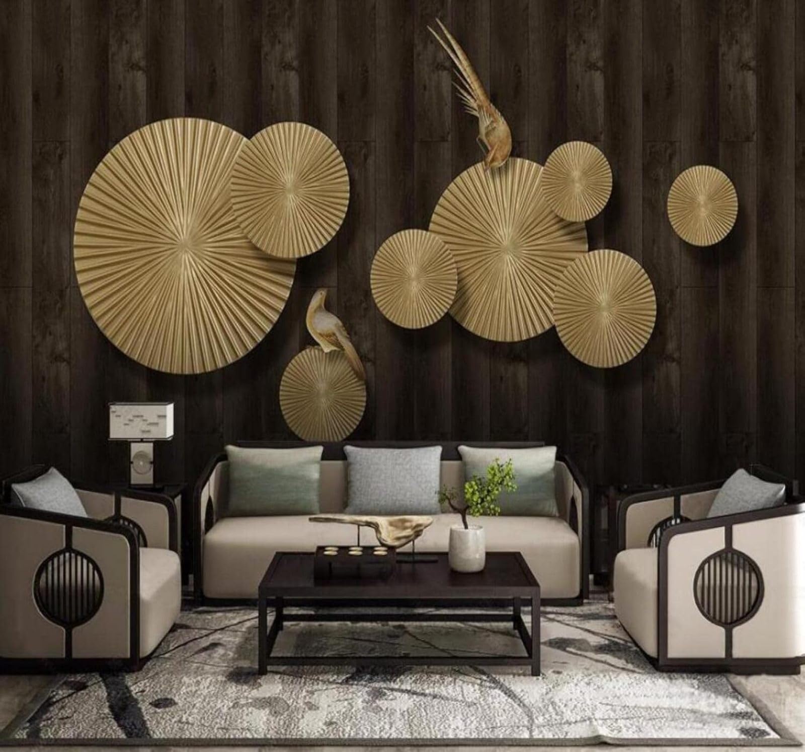 XLMING Three Dimensional Luxury Gold Circular Little Bird 3D Wallpaper Luxury Home Dining Decor Paste Sofa Living Room The Wall for Bedroom Mural-400cm×280cm