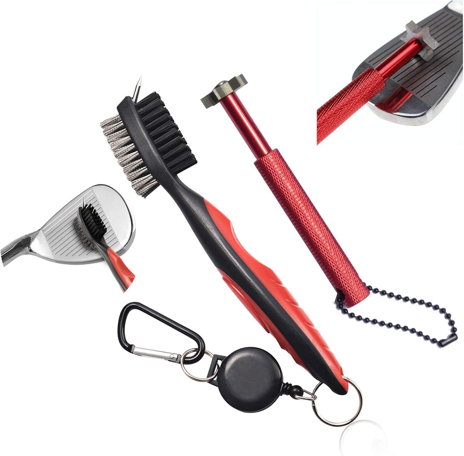 Xintan Tiger Golf Clean Tool -Practical Clean Tool for All Golf Irons (Golf Club Brush and 6 Heads Golf Club Groove Sharpener,Red)