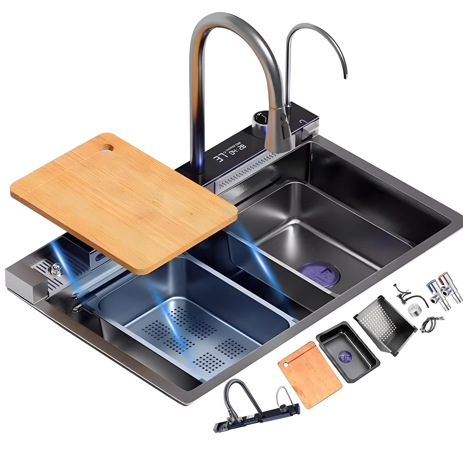ZQFHSX Kitchen Sink, Stainless Steel Nano Waterfall Drop-in&Top-Mount Installation Workstation Household Large Capacity Single Basin With Complete Accessories(75x45x22cm)