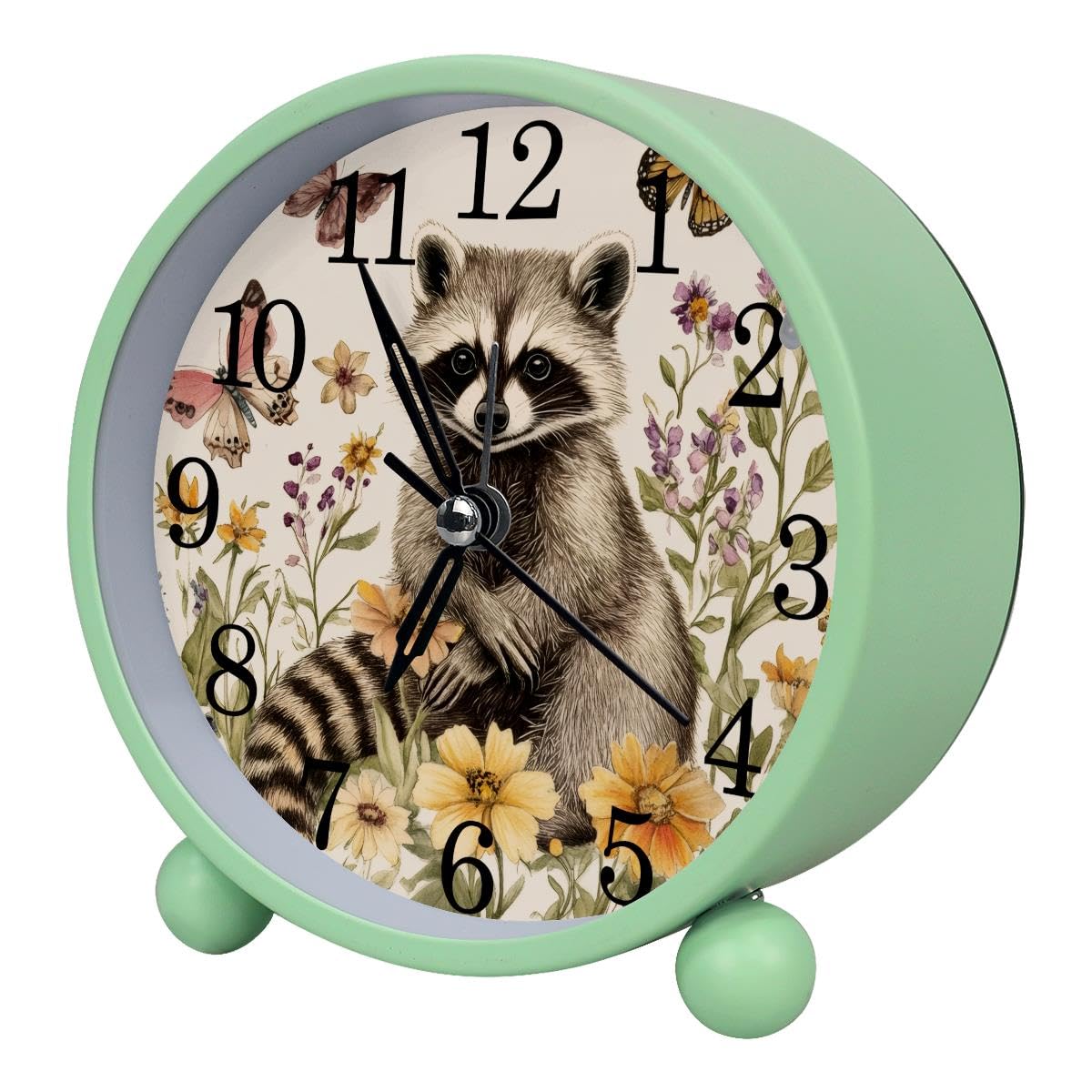 Luoweisi Alarm Clock Raccoon Butterfly Floral, Silent Non-Ticking with Night Light, Round Metal Alarm Clock for Office, Battery Operated, Bedroom, Elderly, Adults, Children, Student Gifts