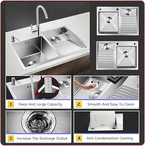 Miniatura 5 de Fregadero de lavandería de acero inoxidable con tabla de lavado integrada, bañera para lavar a mano con panel grueso, fregadero de lavandería con