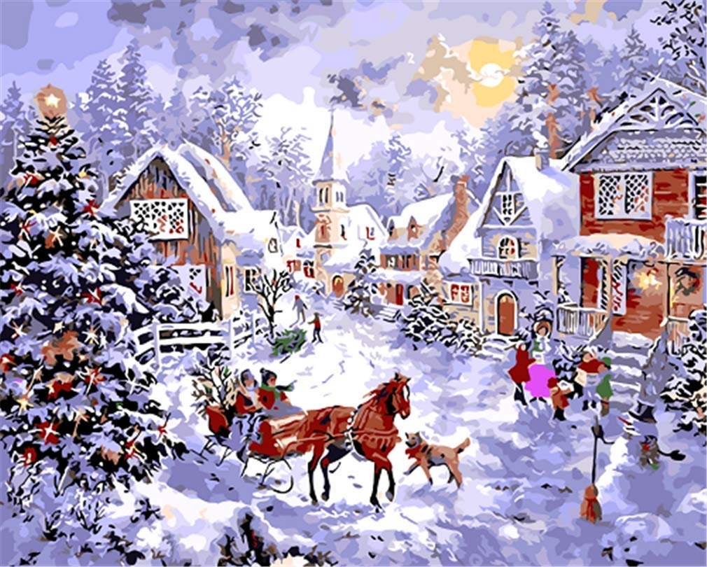 YEESAM ART Kit Pittura Con I Numeri Per Adulti E Bambini: 'Pupazzo Di Neve Vigilia Di Natale' Su Tela Di Lino 40x50 Cm (Senza Cornice)