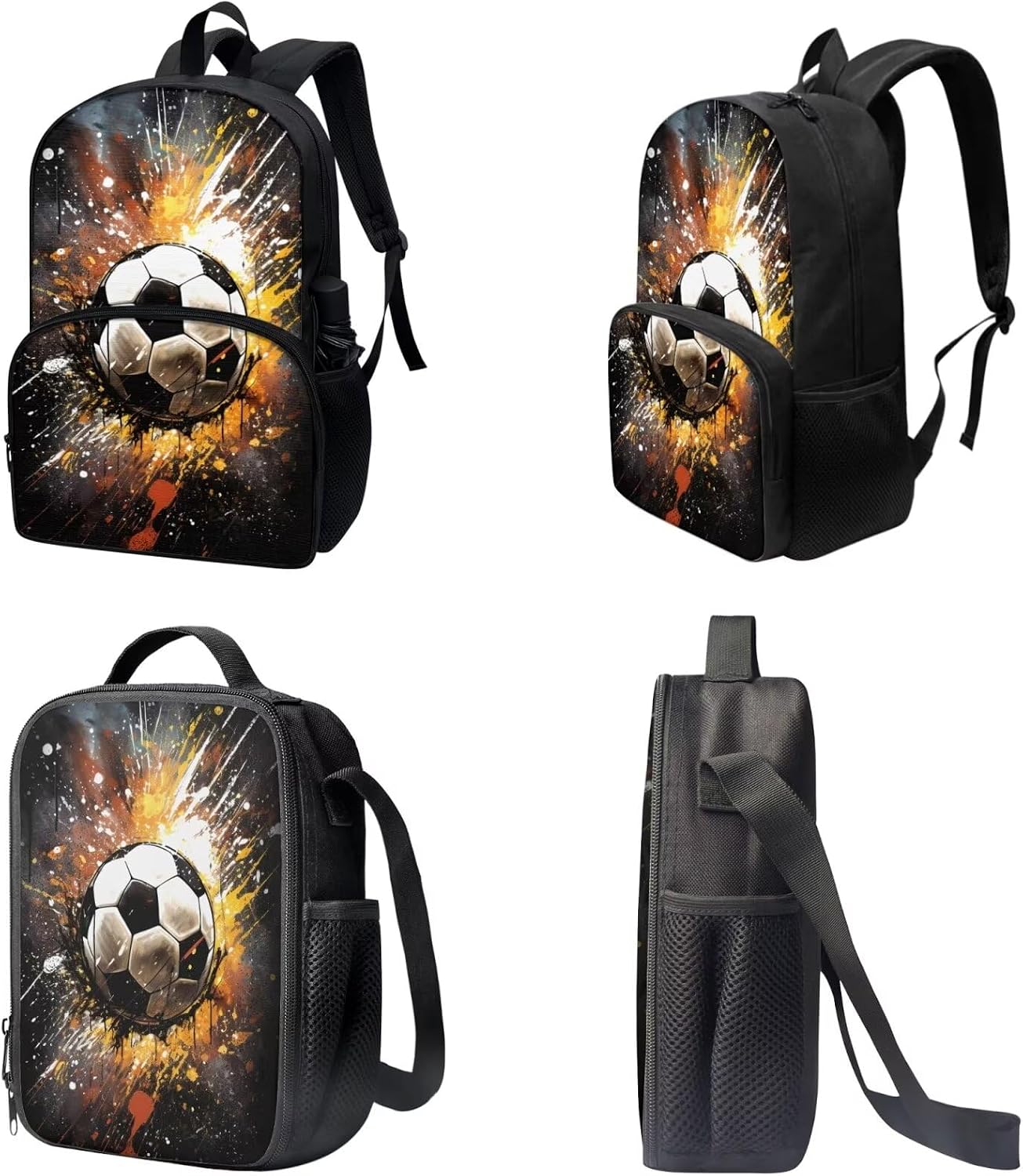 Xoenoiee Colored Paint Soccer Print 3Pcs Bookbag+Lunch Box+Pencil Bag for Students 17in Large School Bag Backpack Set for Boys Girls Back To School