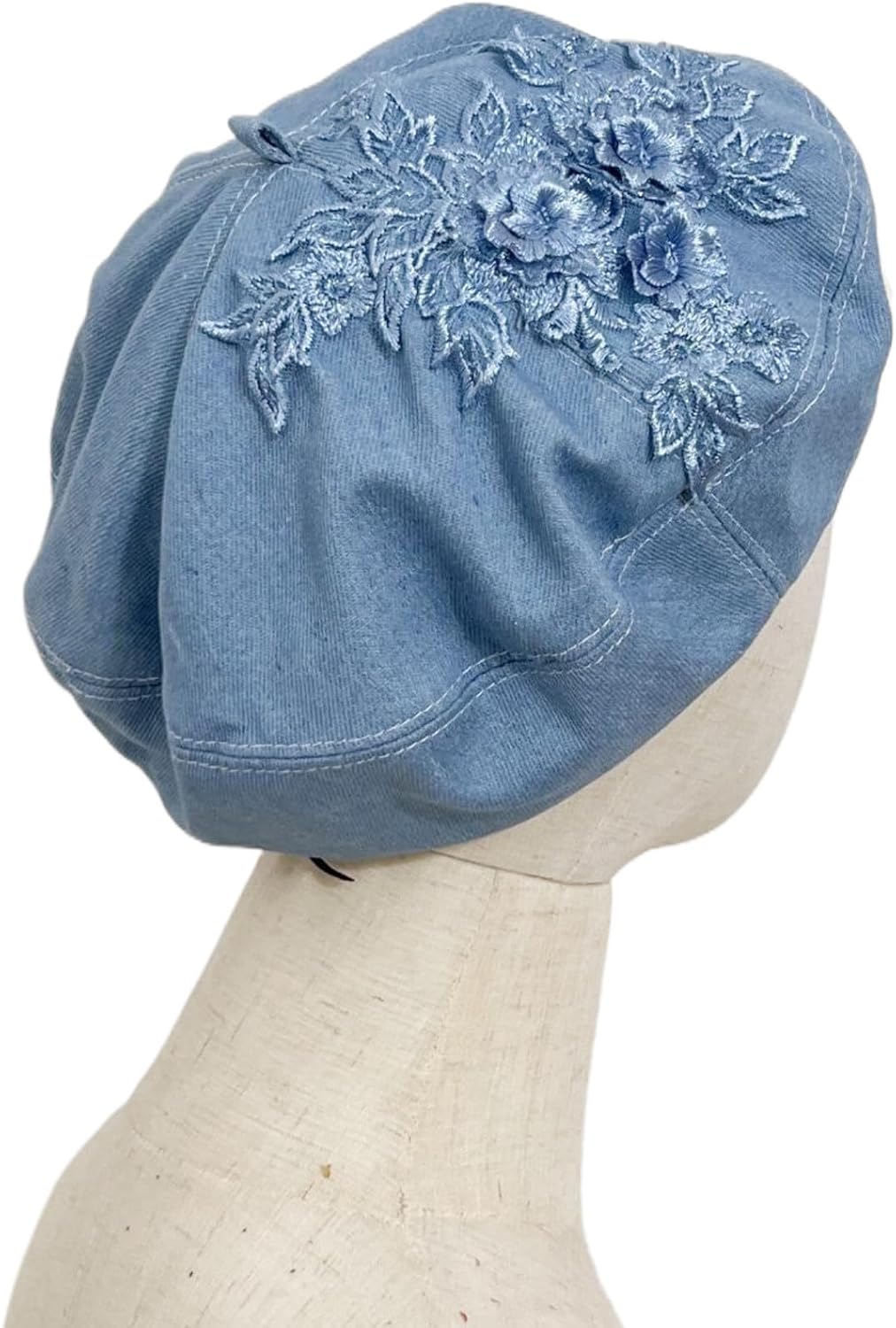 Women Flower Embroidery Beret Hat Denim Beret French Style Artist Beret Cap