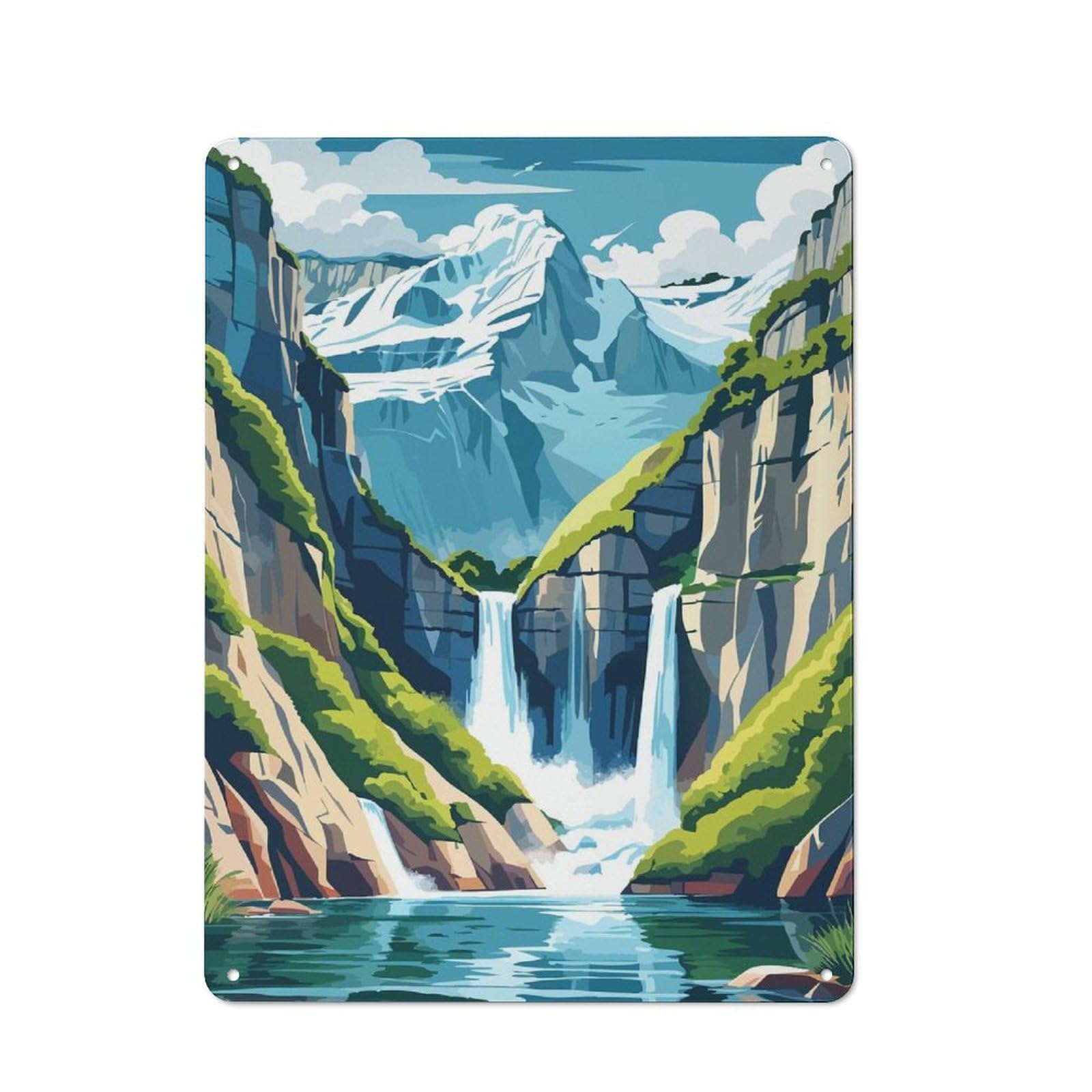 Junmoney Style-13 Retro-Style Tin Sign 40X30cm Featuring Mountain Waterfall Landscape Illustration For Hallway Wall, For Garage, Workshop And Man Cave Decoration