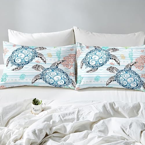 Miniatura 6 de Juego de edredón de tortuga marina, decoración de habitación kawaii, juego de ropa de cama con temática de playa costera, tamaño Queen para niños,
