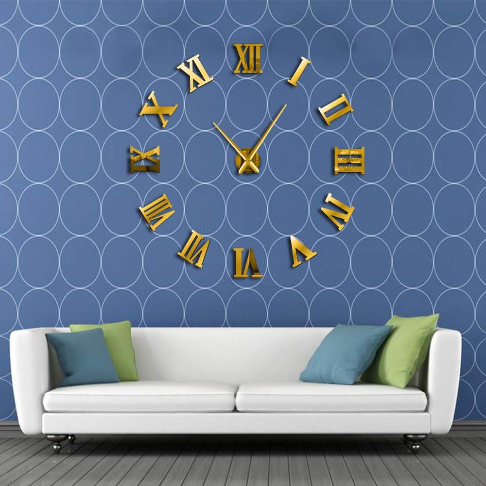 The Geeky Days Modern DIY Large Wall Clock 3D Mirror Surface Sticker Home Decor Art Giant Wall Clock Watch with Roman Numerals Big Clock (Gold)