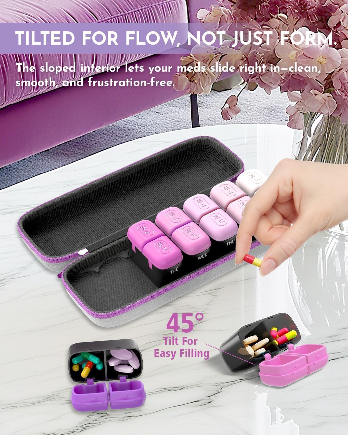 Weekly Pill Organizer, 7 Day Travel Medicine Pill case with Moisture-Proof Silicone Lid, Large AM PM Daily Pill Organizer 2 Times a Day for Vitamins & Supplements, Secure Zipper Pill Box(Purple) - Image 5