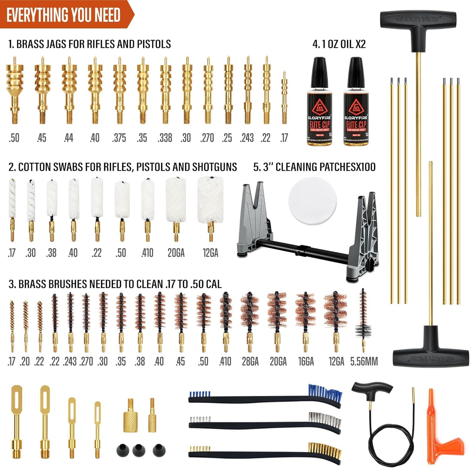 GLORYFIRE Elite Gun Cleaning Kit, Handgun Shotgun Pistol Universal Cleaning Kit with All Brass High-end Brushes, Jags, Reinforced and Lengthened Rods