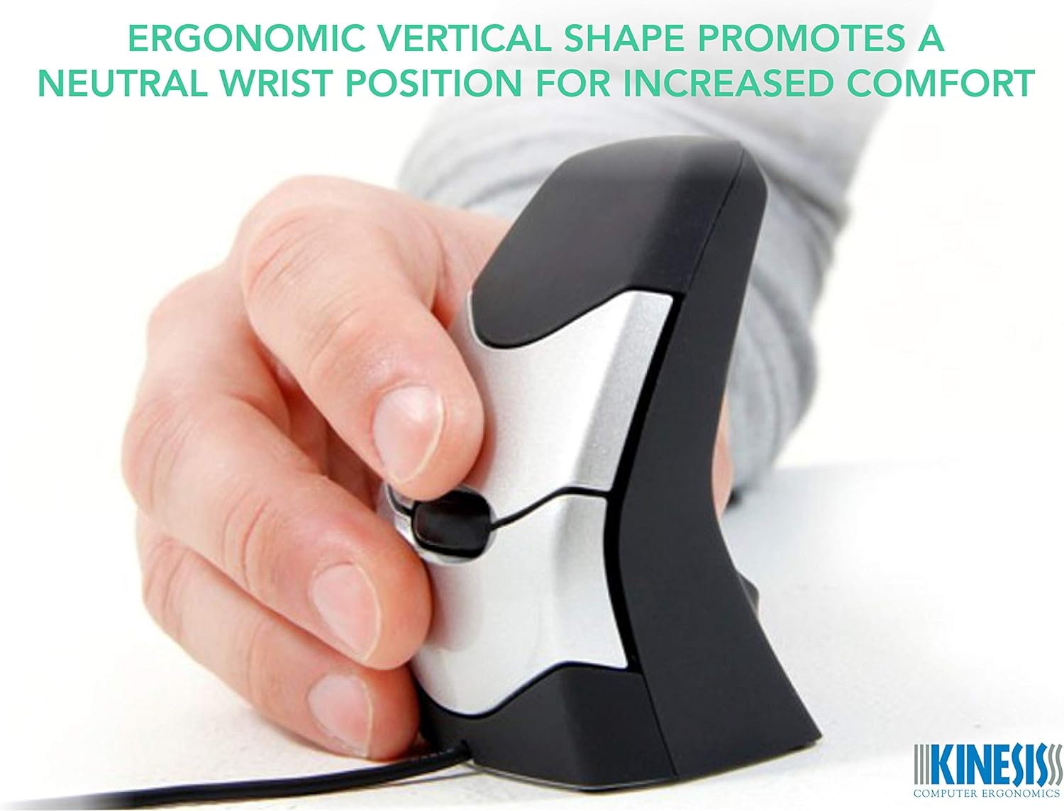 Hand holding the DXT Ergonomic Vertical Mouse in a neutral wrist position.