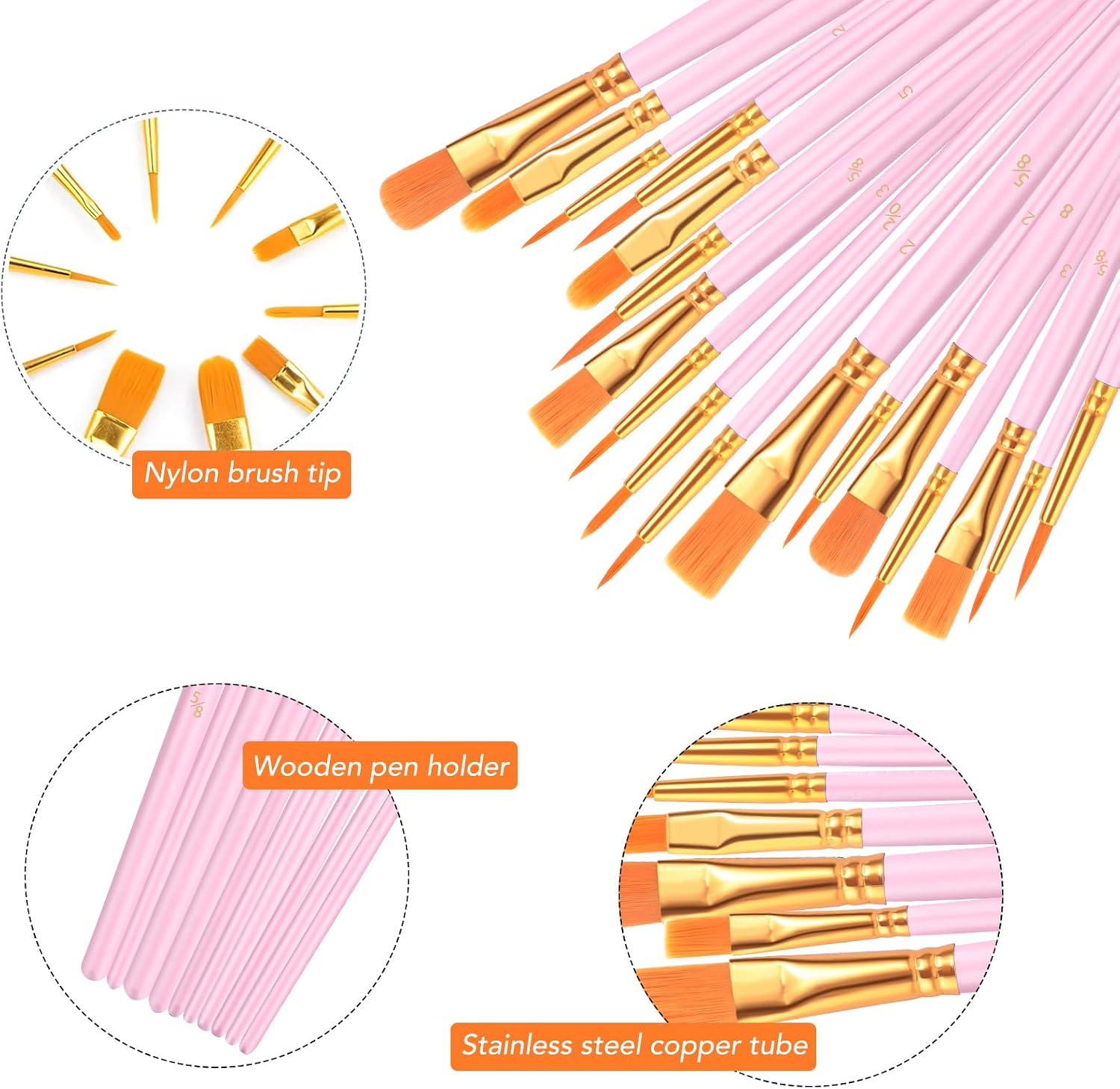 AROIC Acrylic Paint Brushes, 6 Packs/60 pcs Nylon Hair Paint Brush Set for All Purpose Oil Watercolor Painting Artist Professional Kits (Pink)