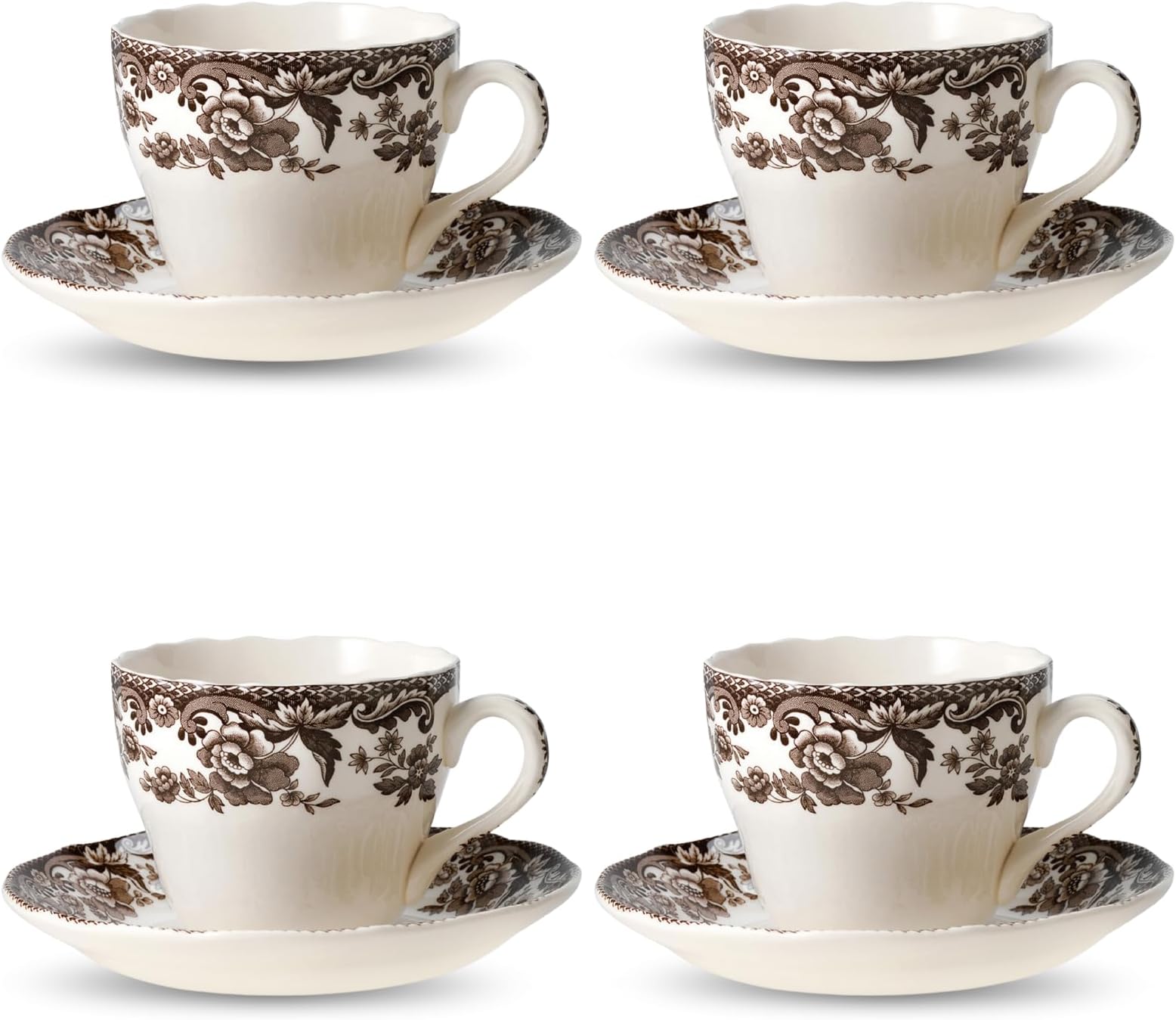 Delamere Teacup and Saucer, Set of 4 - Holiday Drinkware, Serve Coffee or Tea with 7 oz Capacity, Dishwasher, Microwave & Freezer Safe - Festive Tableware, Made in England