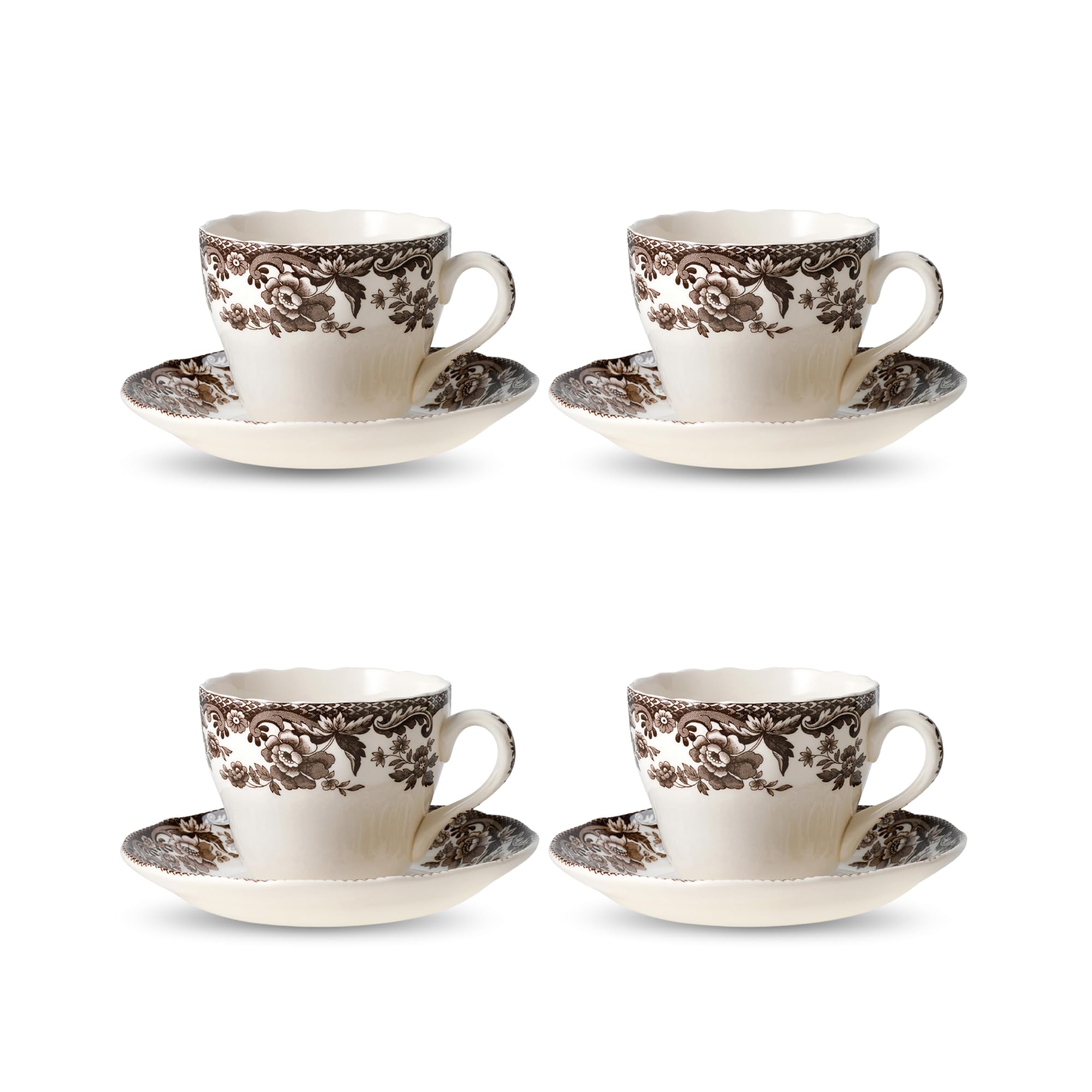 Delamere Teacup and Saucer, Set of 4 - Holiday Drinkware, Serve Coffee or Tea with 7 oz Capacity, Dishwasher, Microwave & Freezer Safe - Festive Tableware, Made in England