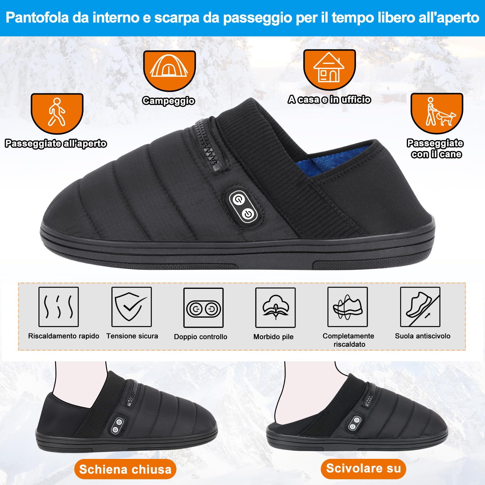 Pantofole riscaldate di peluche, BIAl Pantofole riscaldate Scaldapiedi senza fili Pantofoles elettriche invernali con batteria ricaricabile 5000mAh Uomini Donne