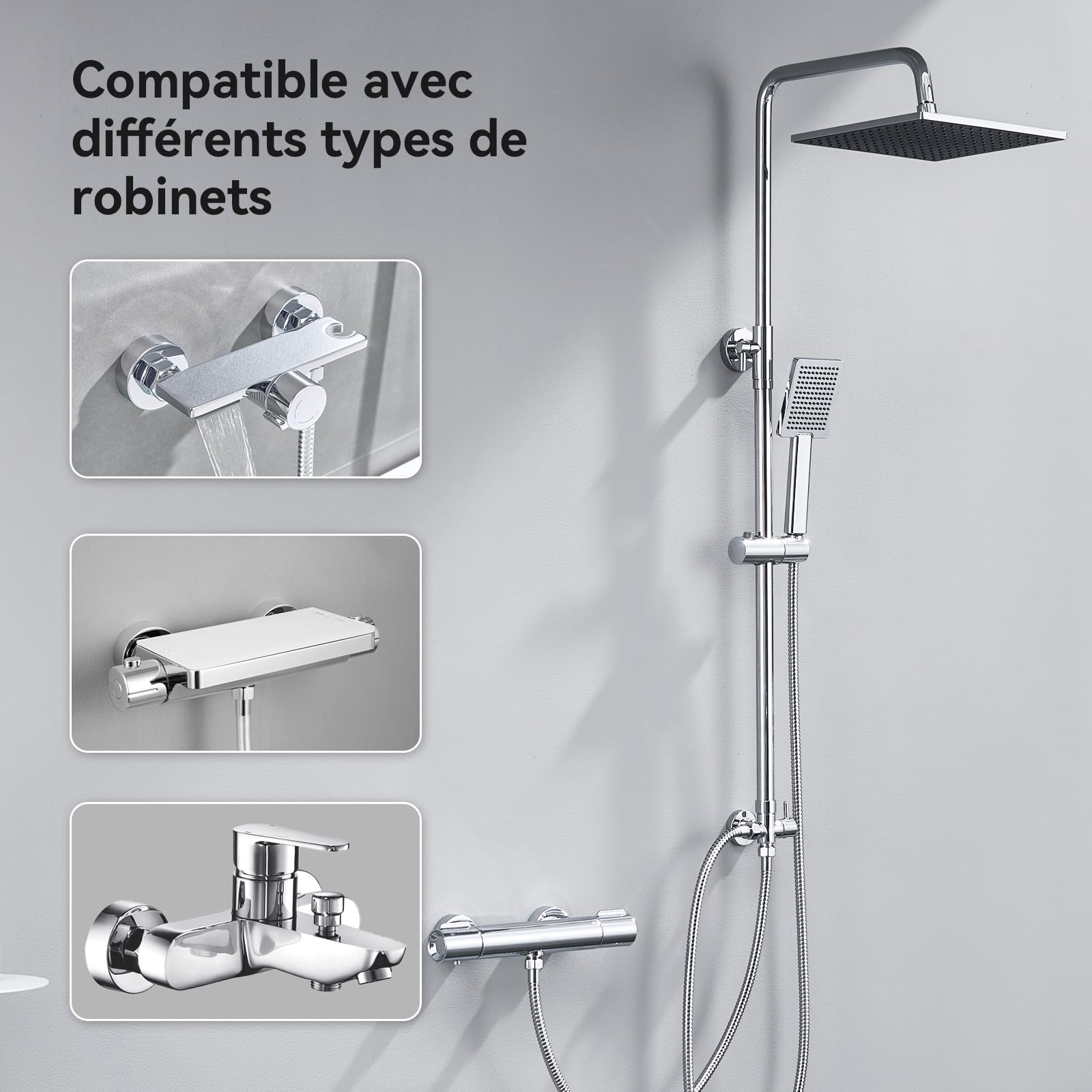 Auralum Colonne de Douche sans Mitigeur Chromé Mat en Laiton, Colonne Télescopique 65-110cm avec Tête de Douche Carré Pluie 10", Douchette à Main Réglable, Kit pour Baignoire et Salle de Bain