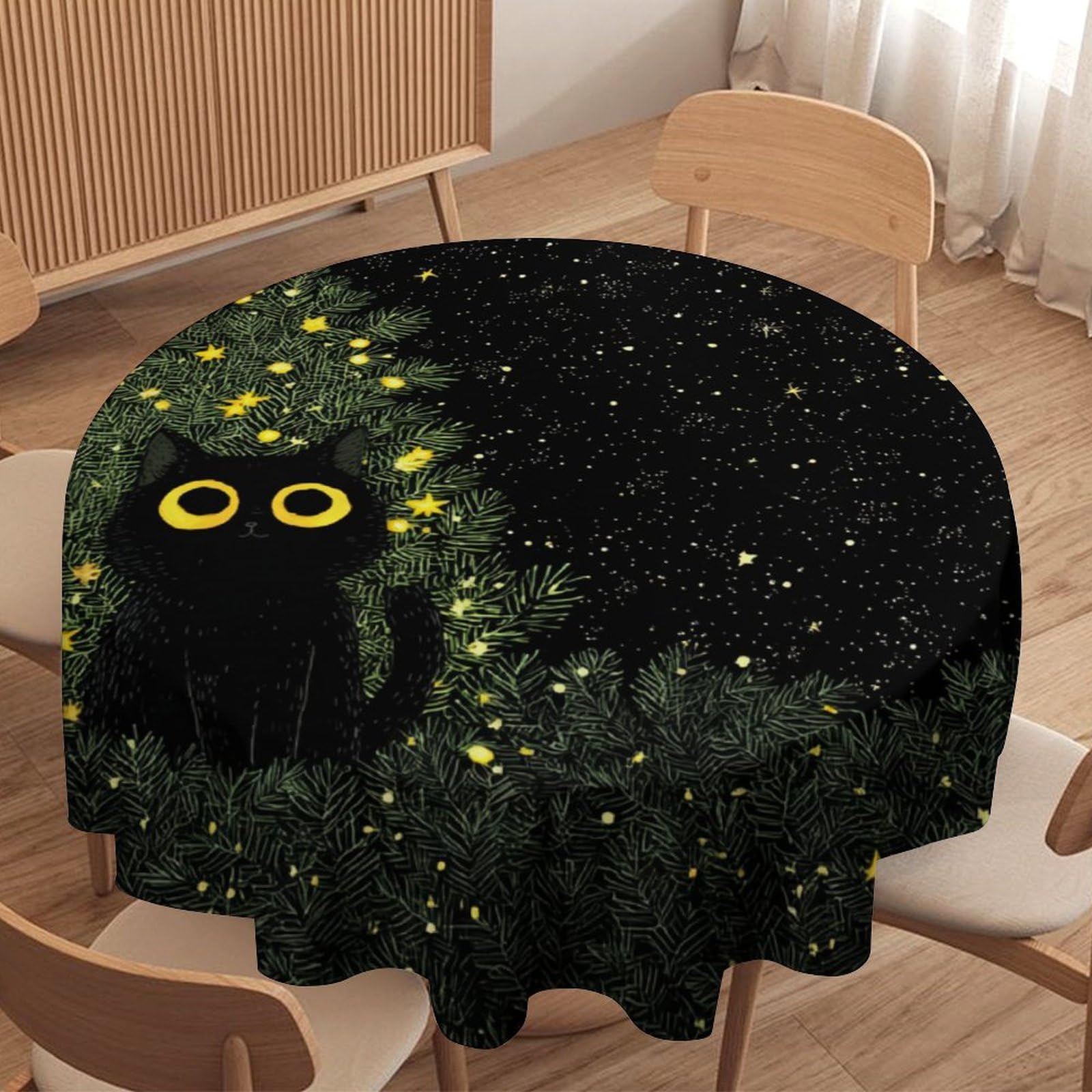 LUYYSKY Cute Funny Animal Kitten Waterproof Round Tablecloth Beautiful Modern Merry Christmas Tree Japanese Black Cat Washable Table Cover for Kitchen-152.4" Wx152.4 L cm