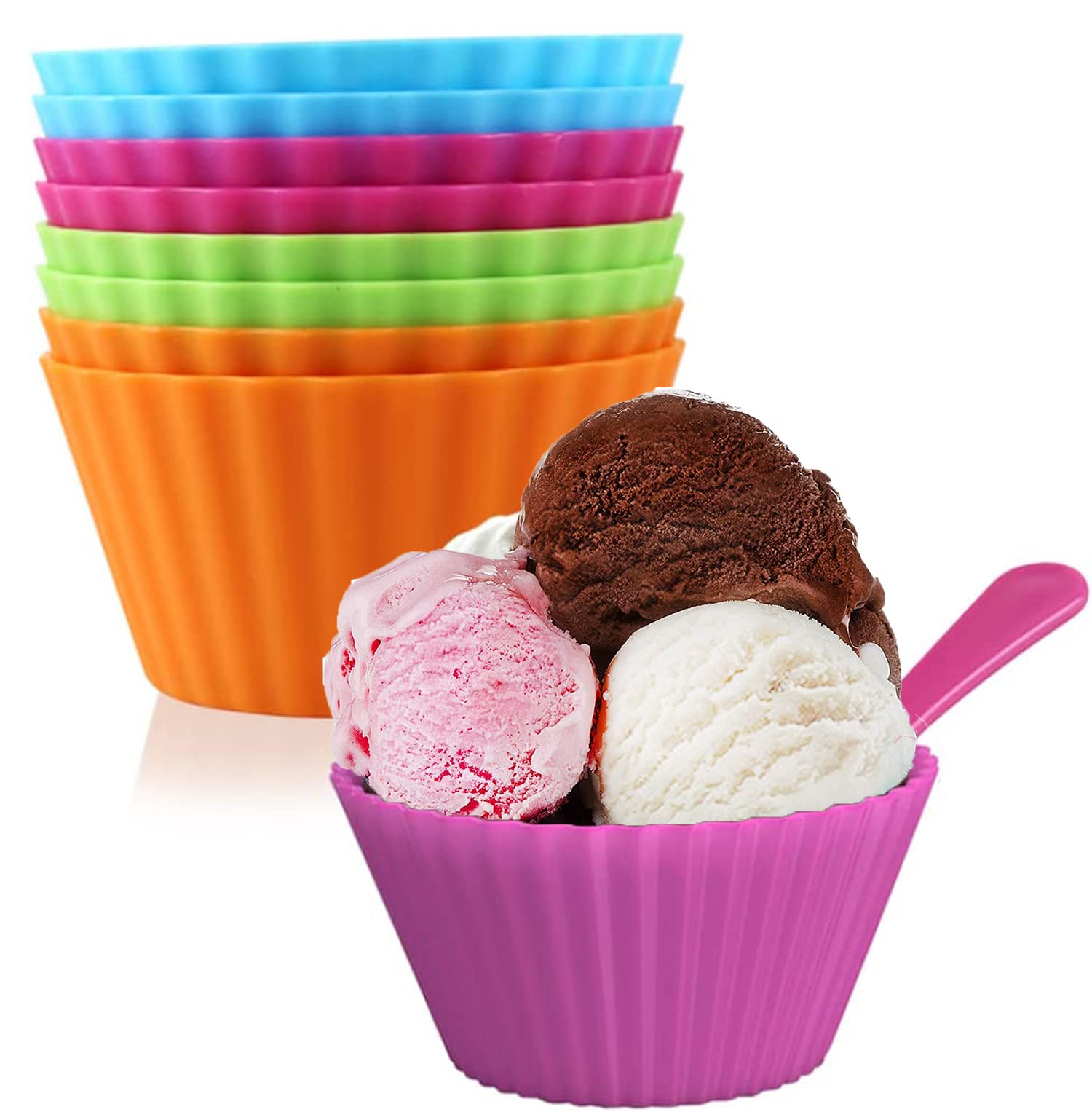 KASTWAVESet of 8 Plastic Ice Cream Cups with Spoons | Sundae Dessert Bowls for Frozen Yogurt, Fruit Snack Stackable Bowls for Kids, 4 Vibrant Colors