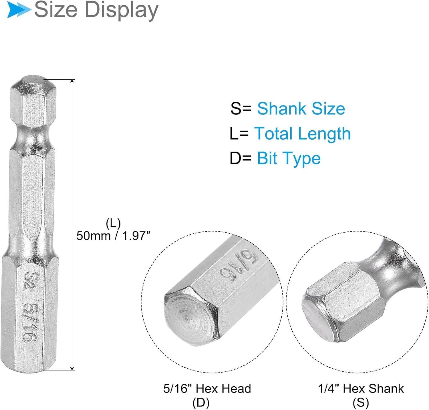 Hex Head Wrench Bit, 5/16" Hex Head 1/4" Hex Shank 2" Long, S2 Alloy Steel Screwdriver Bit - (Applications: for Electric Drill), 6-Pieces