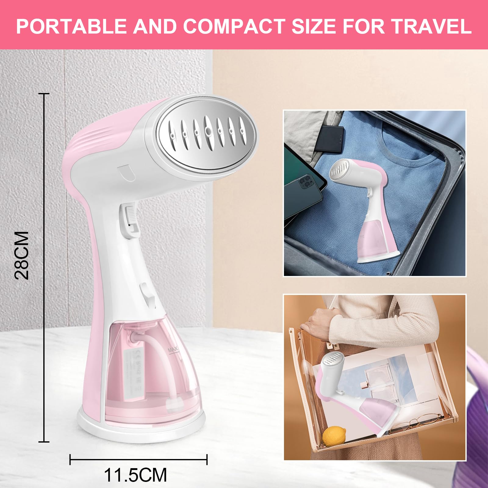 mini fer à repasser, mini fer à vapeur, cuiseur vapeur portable, (chauffage rapide 15s, réservoir d'eau 300ml, 1500W), fer a repasser suspendu compact pour la maison - Rose