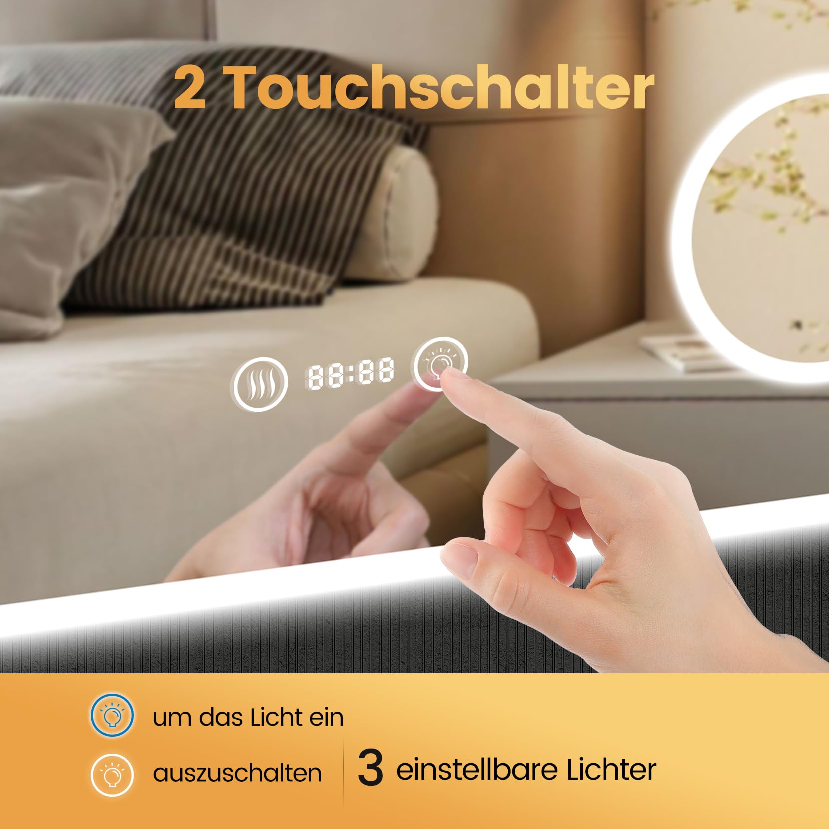 YOLEO Miroir de Salle de Bain avec éclairage, Miroir LED avec Horloge, Température, Grossissement 3X, Miroir Mural avec Prise électrique, antibuée, 3 Couleurs de Lumière réglables, 100 x 60 cm
