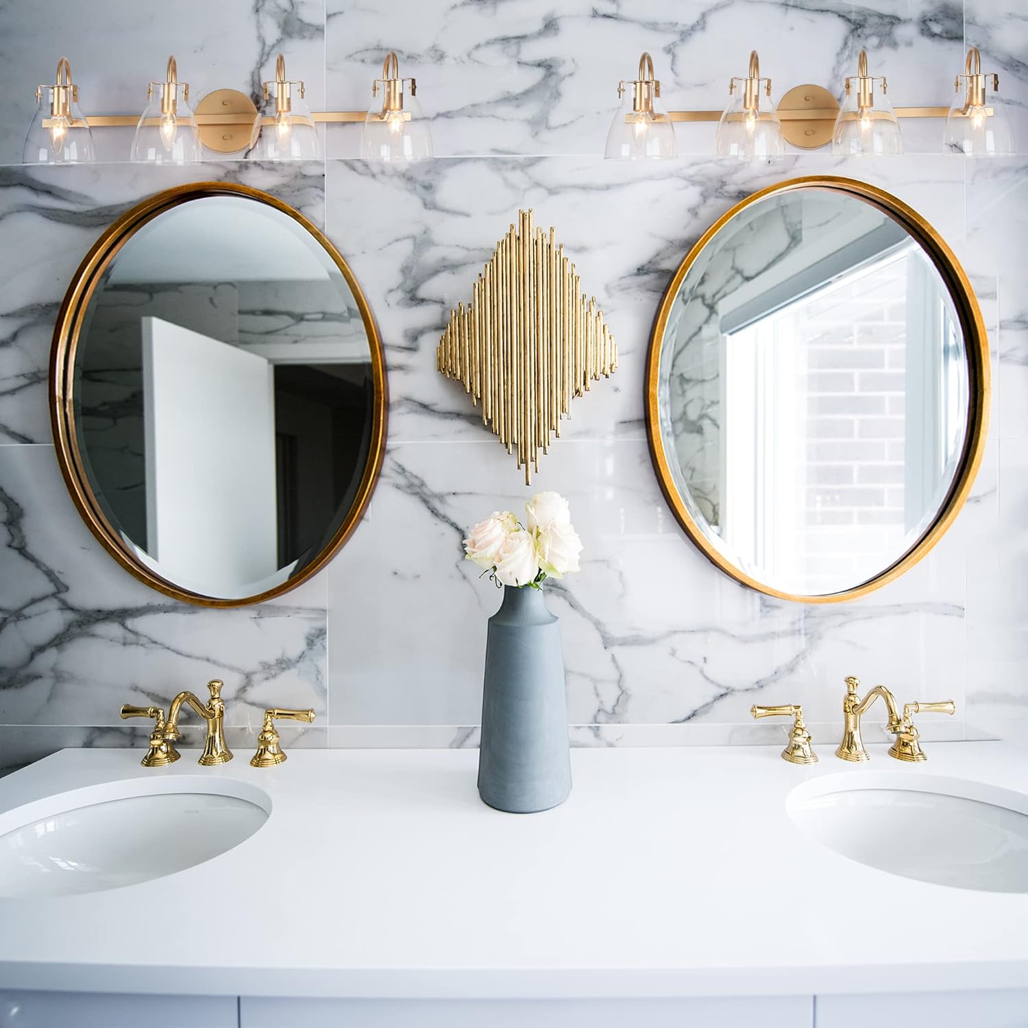 KSANA Gold Bathroom Light Fixtures, Modern Vanity Lights Over Mirror, 4 Light Bathroom Vanity Lighting with Clear Glass Shades