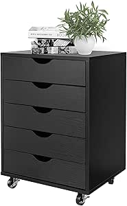 Moustache 5 Drawer Filing Cabinet, Vertical File Cabinets with Wheels for Home Office, Under Desk Office Cabinet for Files, Folders, and A4 Letter Documents (Black)