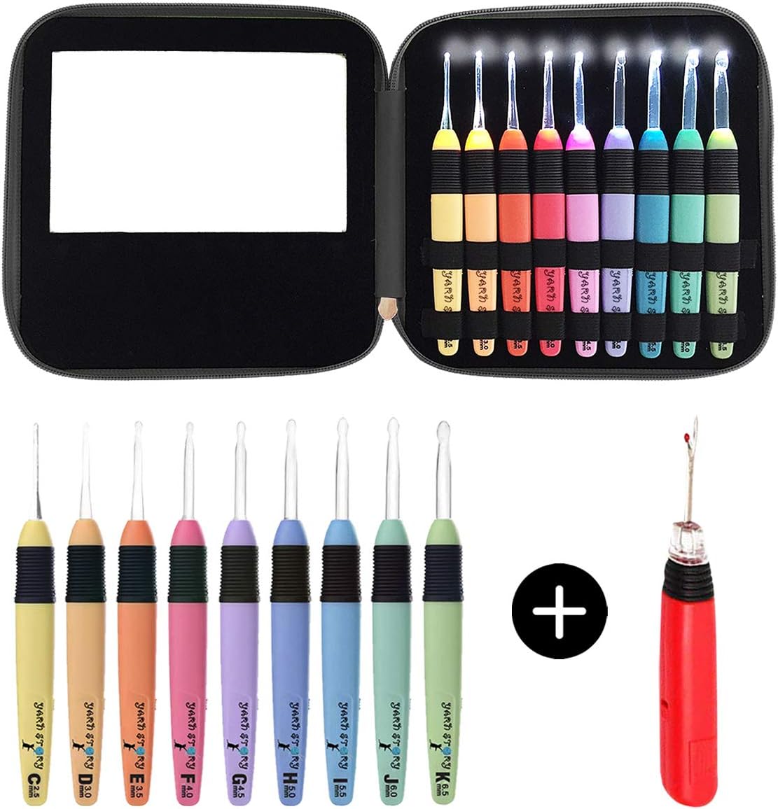 Lighted Crochet Hooks with Case Value Pack 9/pkg Set - LED Lite Hooks - Ergonomic Needles for Arthritic Hands & Organizer. Set of 9 Hooks Size 2,5mm To 6,5mm (BLACK)