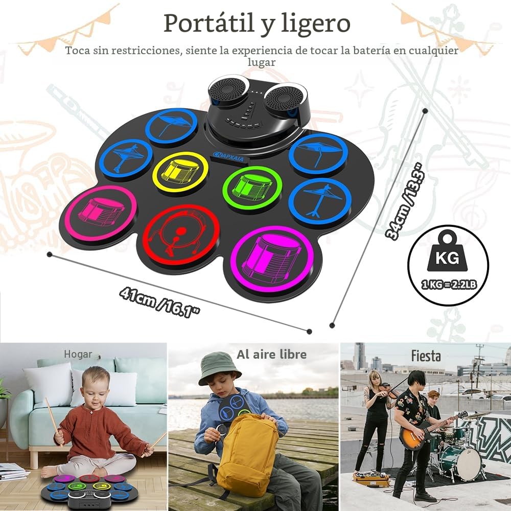CNAPXAIA Batería Electrónica, 9 Pads Batería Musical Enrollable con Altavoz Incorporado/Bluetooth/MIDI, Set de Bateria Electrica Instrumentos Musicales para Infantil y Principiantes