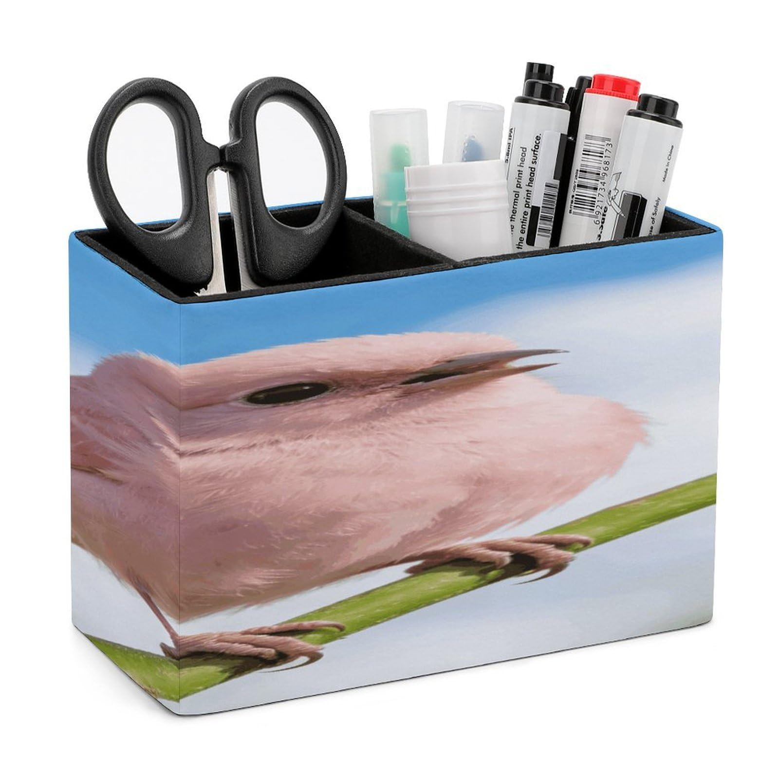 LZQPOEAS Cute Pink Bird Pen Holder Double Compartments Pen Cup Makeup Brush Holders Leather Pencil Holder Locker Organizer for Work Locker Accessories Modern Pencil Cup for Desk