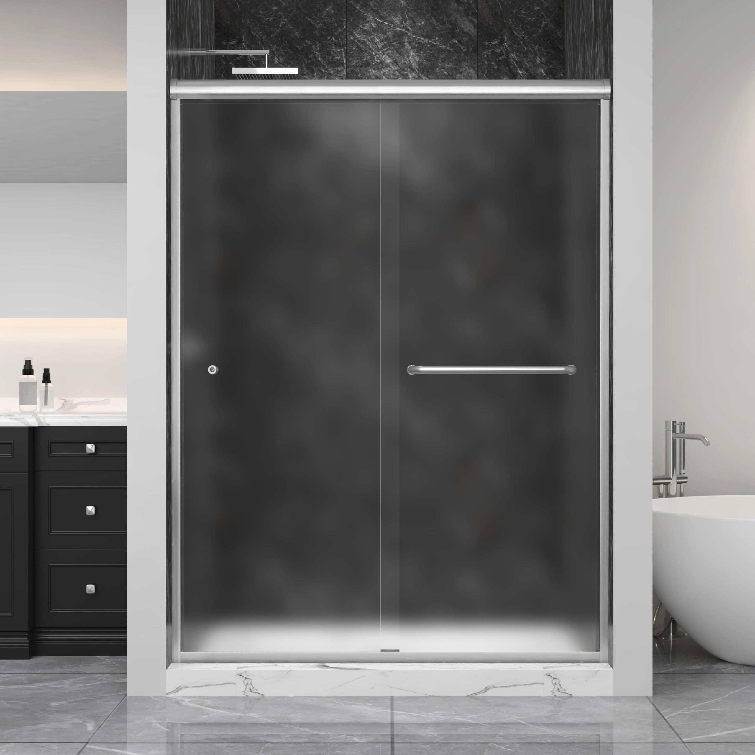 FELYL 50-54" W x 72" H Semi-Frameless Double Sliding Shower Door Framed Bypass Glass Shower Doors with 1/4" (6mm) Frosted Ultra-Clear Tempered Glass in Brushed Nickel Color