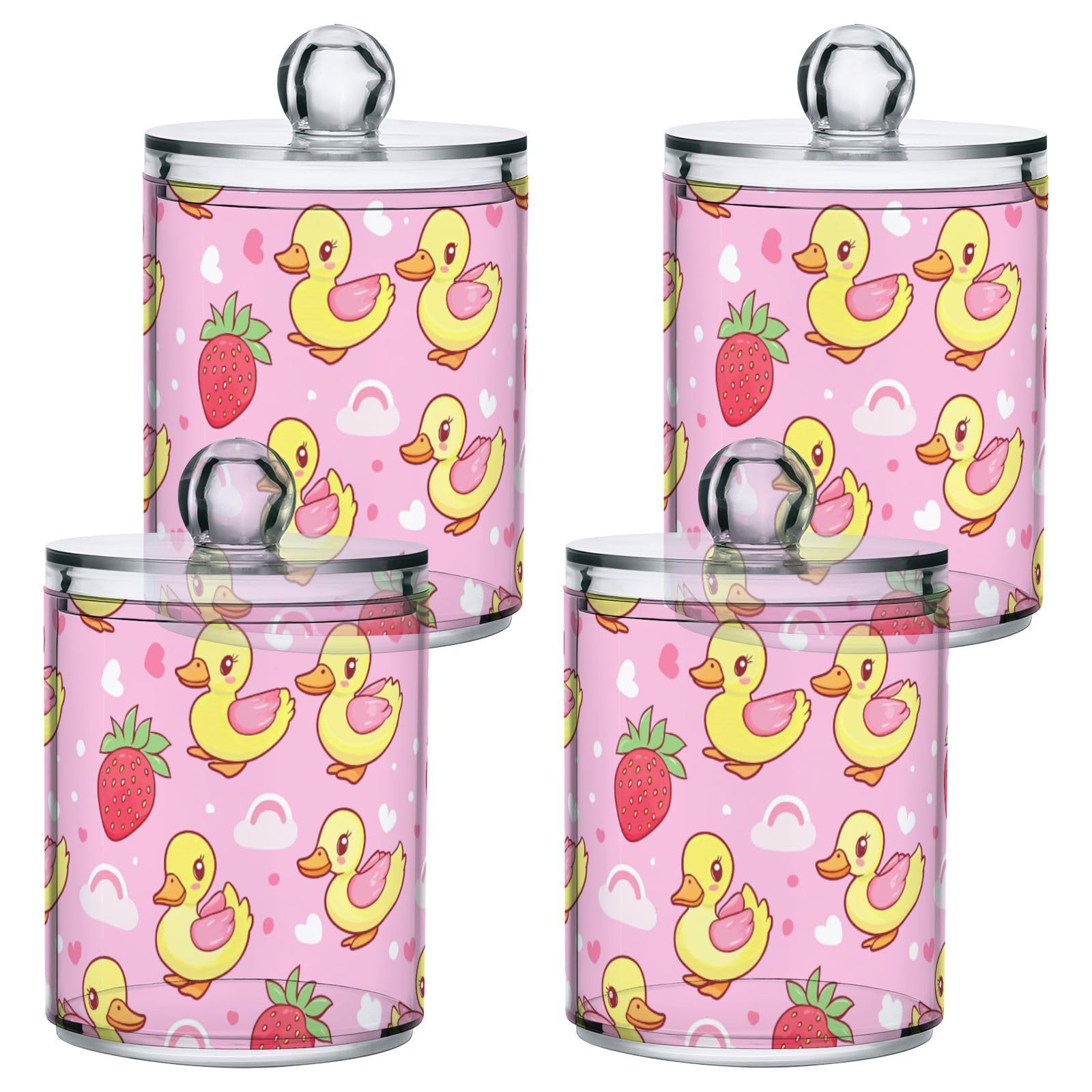 Gredecor 2 Pack Qtip Holder Clear Cute Ducks Bows Strawberry (10) Apothecary Jars with Lids Acrylic Bathroom Jars Vanity Countertop Canister Storage Organizer for Cotton Ball,Swabs,Pads,Floss
